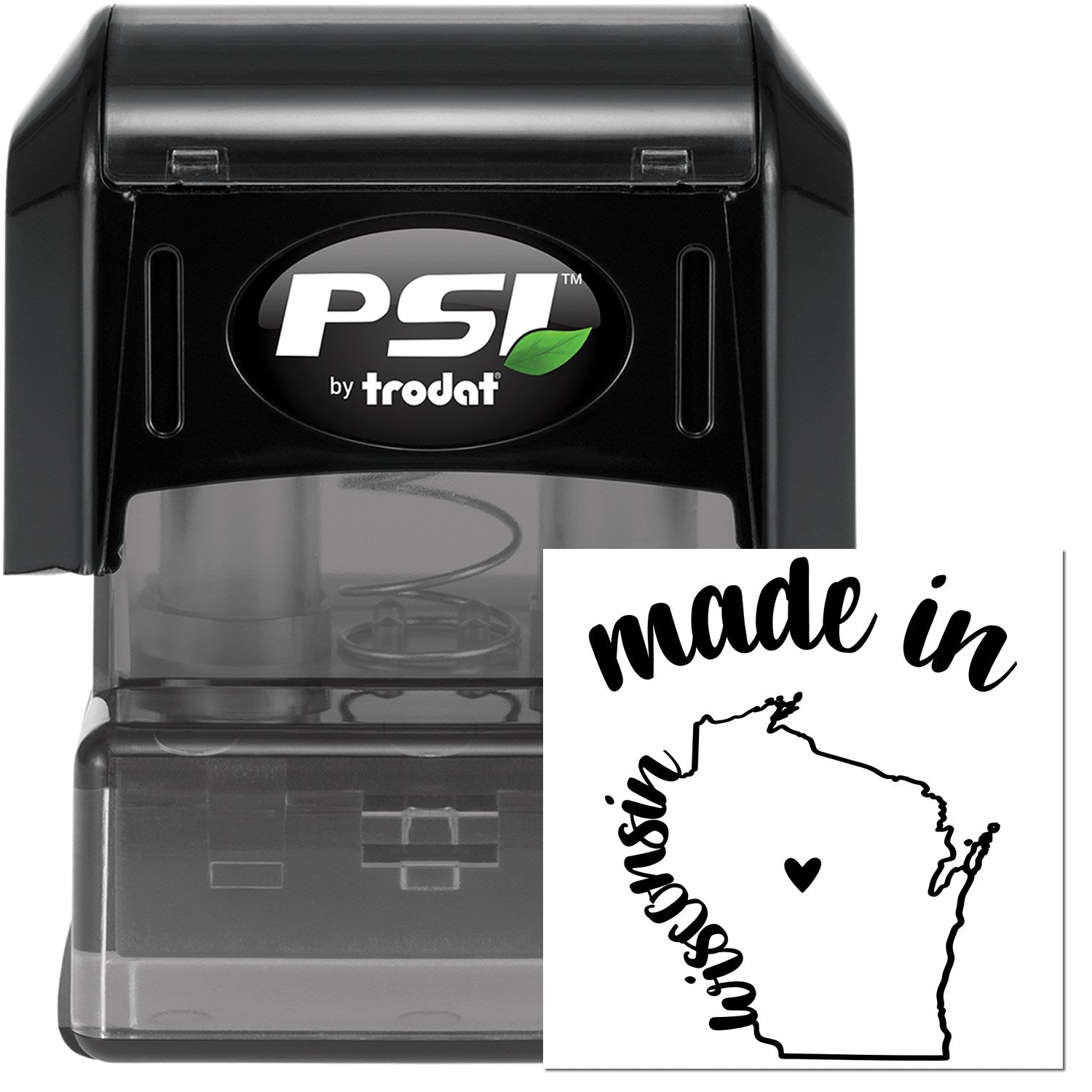 Made in Wisconsin Stamp Pre-Inked, featuring a black casing with 'PSI' logo and a stamp design of Wisconsin state outline with 'made in' text. Ideal for crafting and business use.