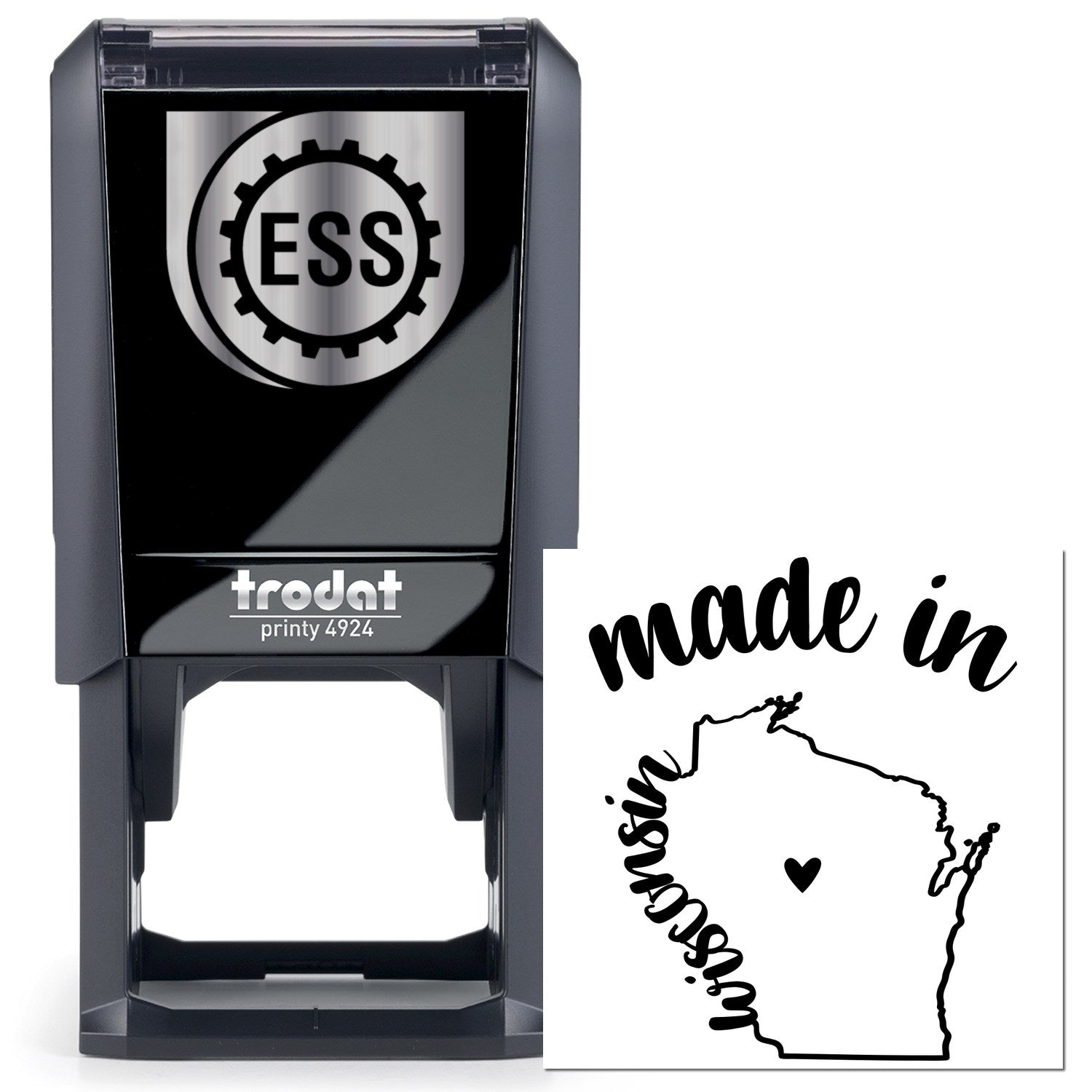 Self-Inking Handmade with Love in Wisconsin Stamp featuring a black casing and ESS logo, perfect for adding a personal touch to crafts and gifts.