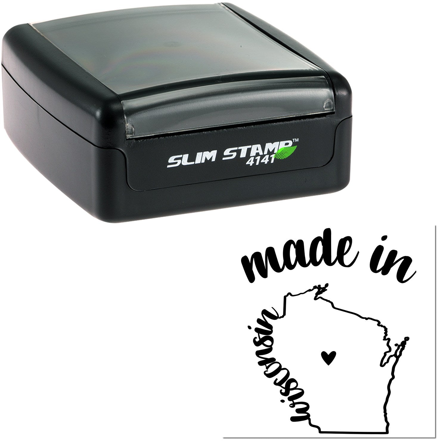 Slim Pre-Inked Stamp Wisconsin Made in Stamp, featuring a compact black design with 'Slim Stamp 4141' branding and a 'Made in Wisconsin' imprint with a heart over the state outline.