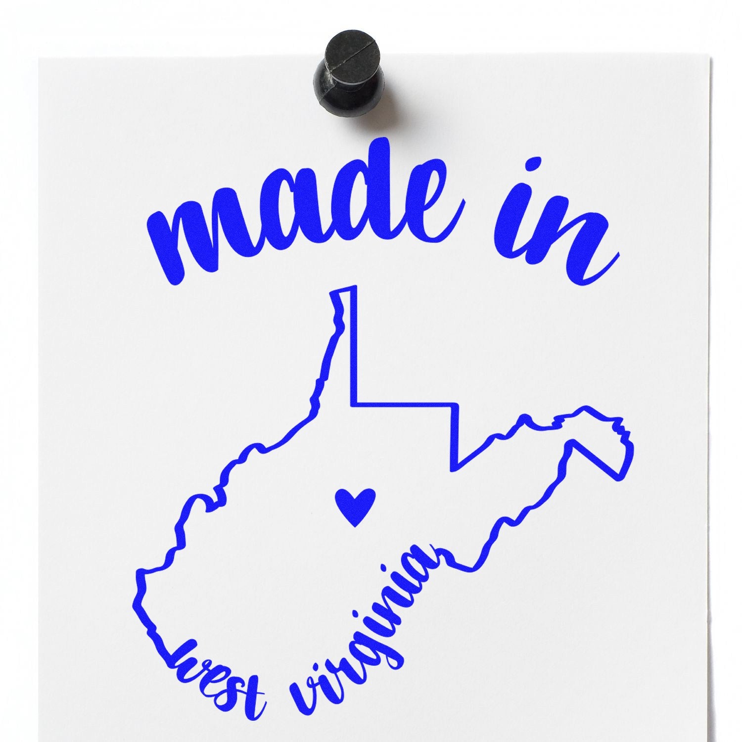 Made with Love in West Virginia Rubber Stamp featuring blue text and a heart inside the state outline, perfect for crafts and gifts. High-quality design on white background.