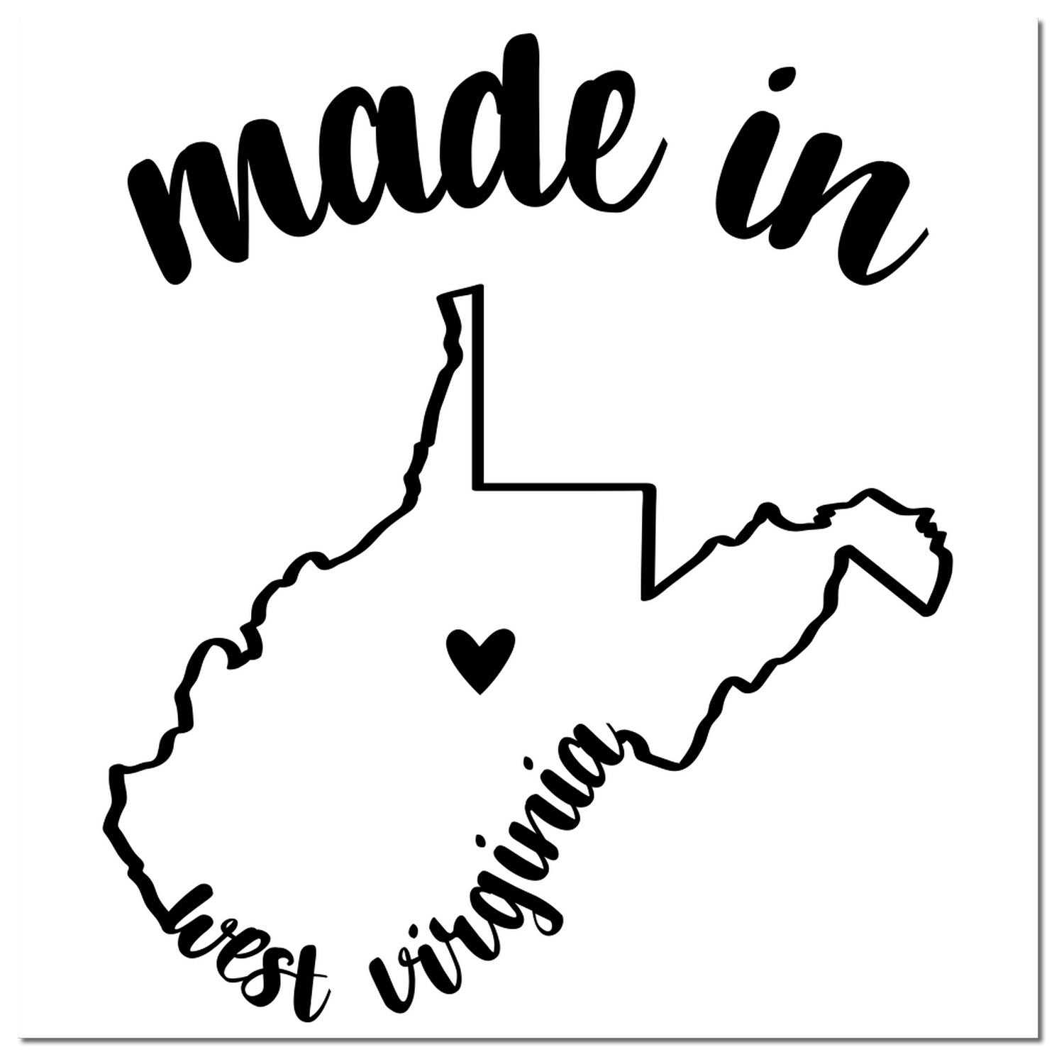 Slim Pre-Inked Stamp West Virginia Made in Stamp featuring a black outline of West Virginia with a heart and 'made in West Virginia' text. Perfect for crafts and branding.