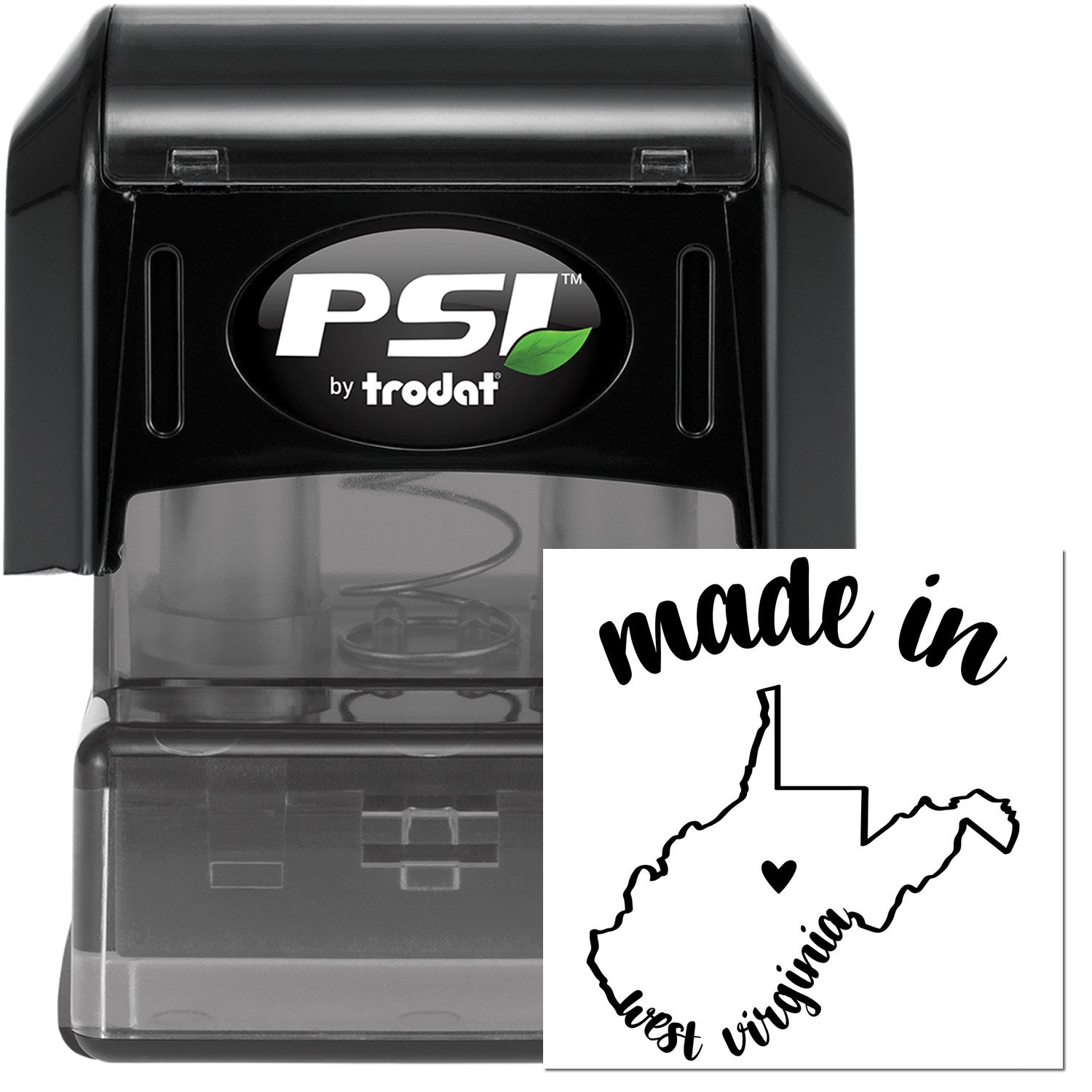 Made in West Virginia Stamp Pre-Inked, featuring a black stamp with 'made in West Virginia' and state outline design. Perfect for adding a personal touch to crafts and documents.