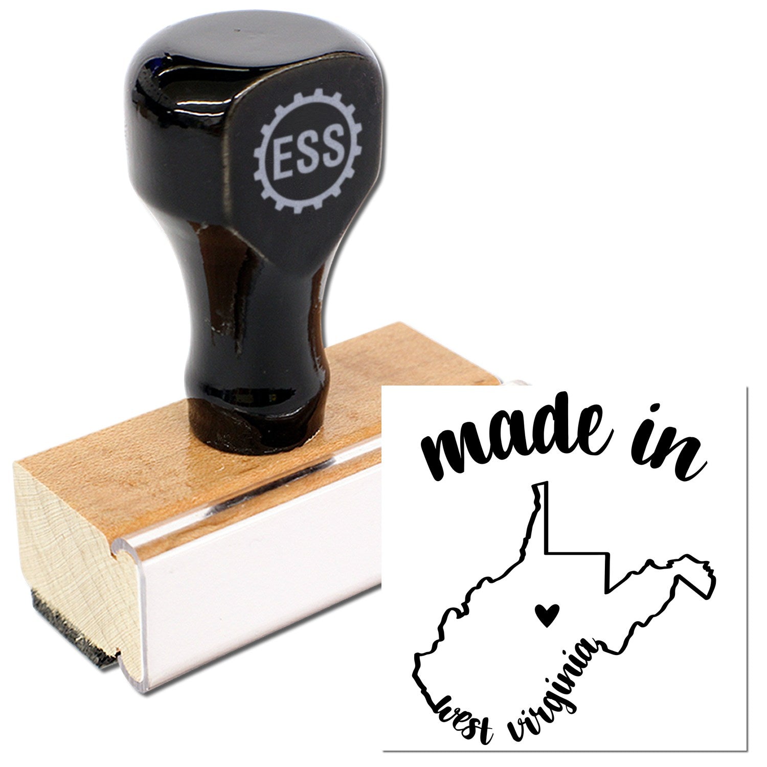 Made with Love in West Virginia Rubber Stamp featuring a wooden handle and black design, showcasing the state outline with a heart. Perfect for crafts and gifts.