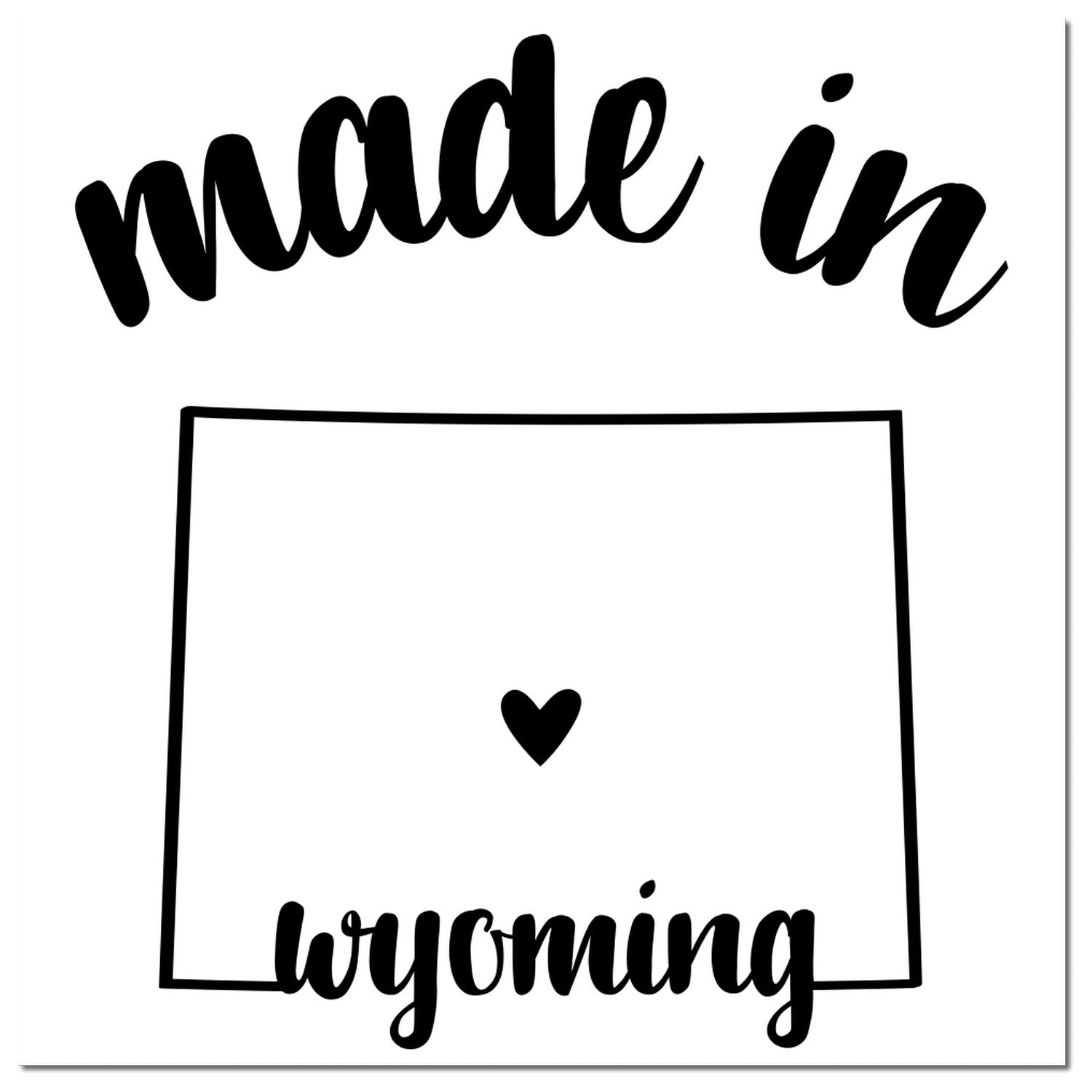 Self-Inking Handmade with Love in Wyoming Stamp featuring a heart and Made in Wyoming text, perfect for crafts and gifts. Black ink, square design.