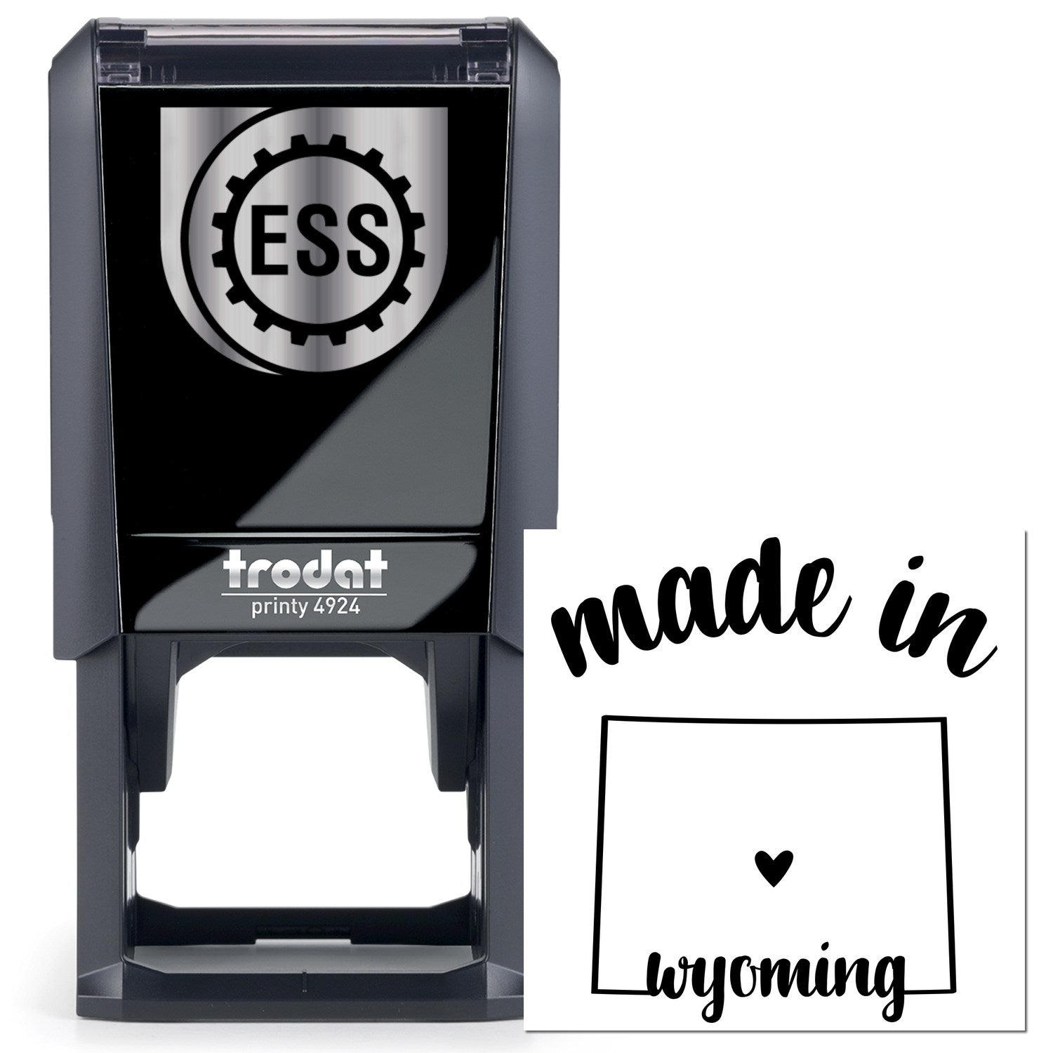 Self-Inking Handmade with Love in Wyoming Stamp featuring a sleek black design with ESS logo, perfect for adding a personal touch to crafts and gifts.