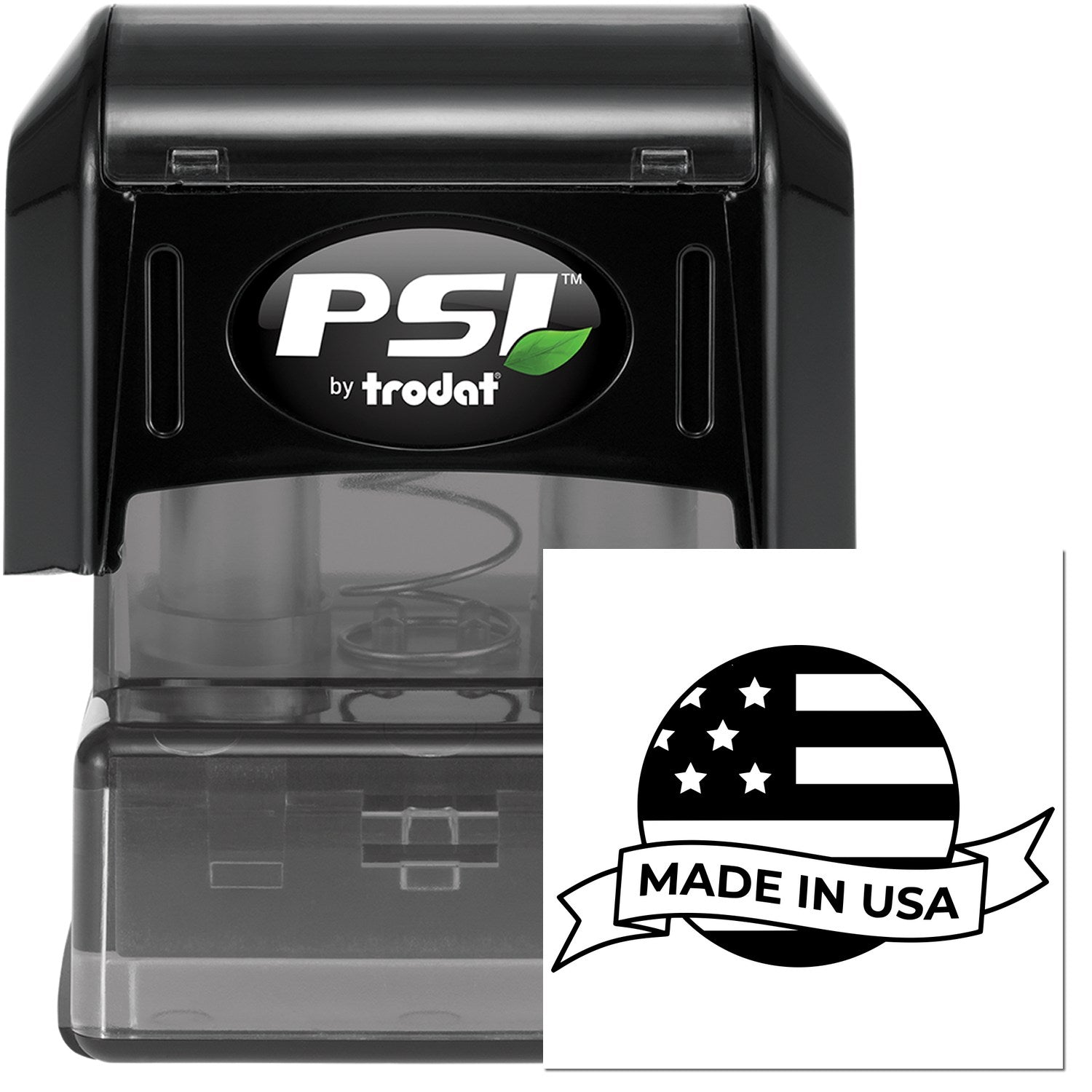 PSI Pre-Inked Patriot Seal Of Quality Stamp, featuring a sleek black design with Made in USA emblem, ideal for professional use.