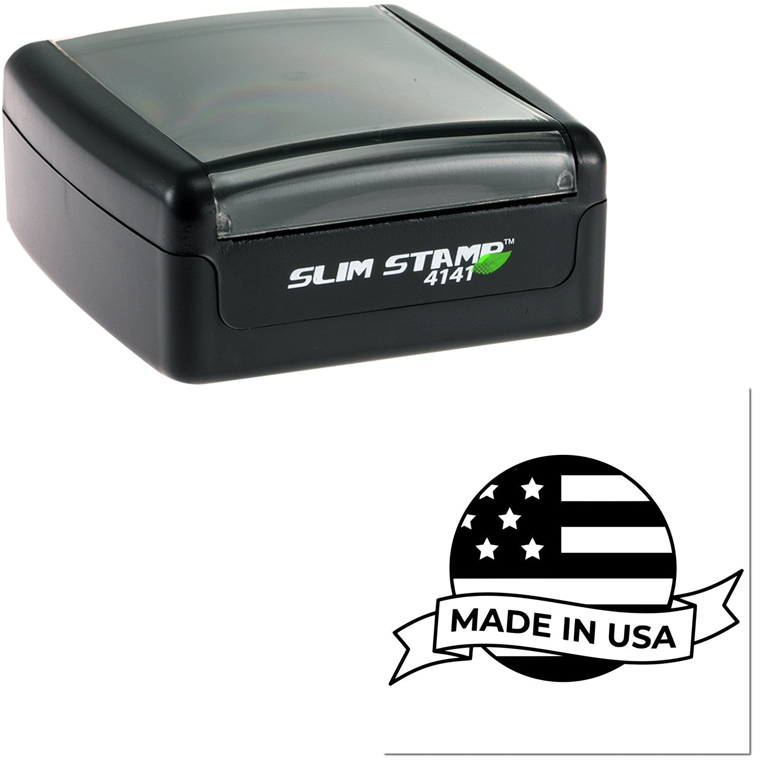 Image of the Slim Pre-Inked Patriot Seal Of Quality Stamp, featuring a sleek black design with Slim Stamp 4141 branding, and a Made in USA seal. Ideal for professional use.