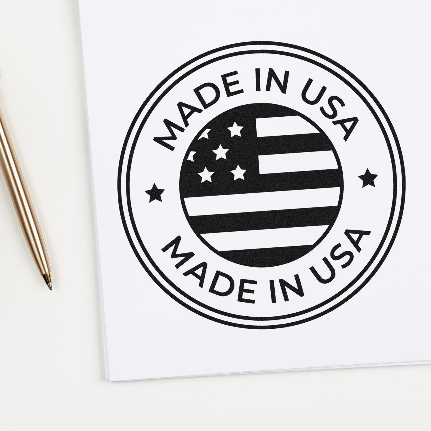 PSI Pre-Inked Patriotic Seal Stamp featuring a Made in USA design with stars and stripes, shown on white paper next to a gold pen.