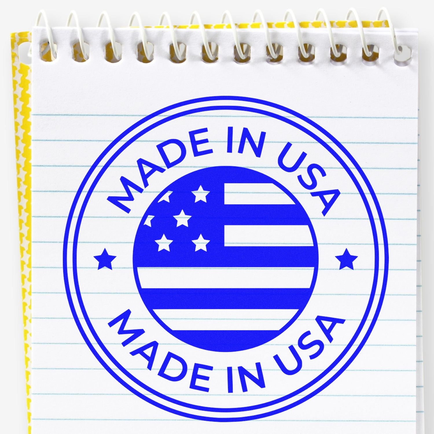 PSI Pre-Inked Patriotic Seal Stamp featuring a blue 'Made in USA' design with stars and stripes on a notepad background.