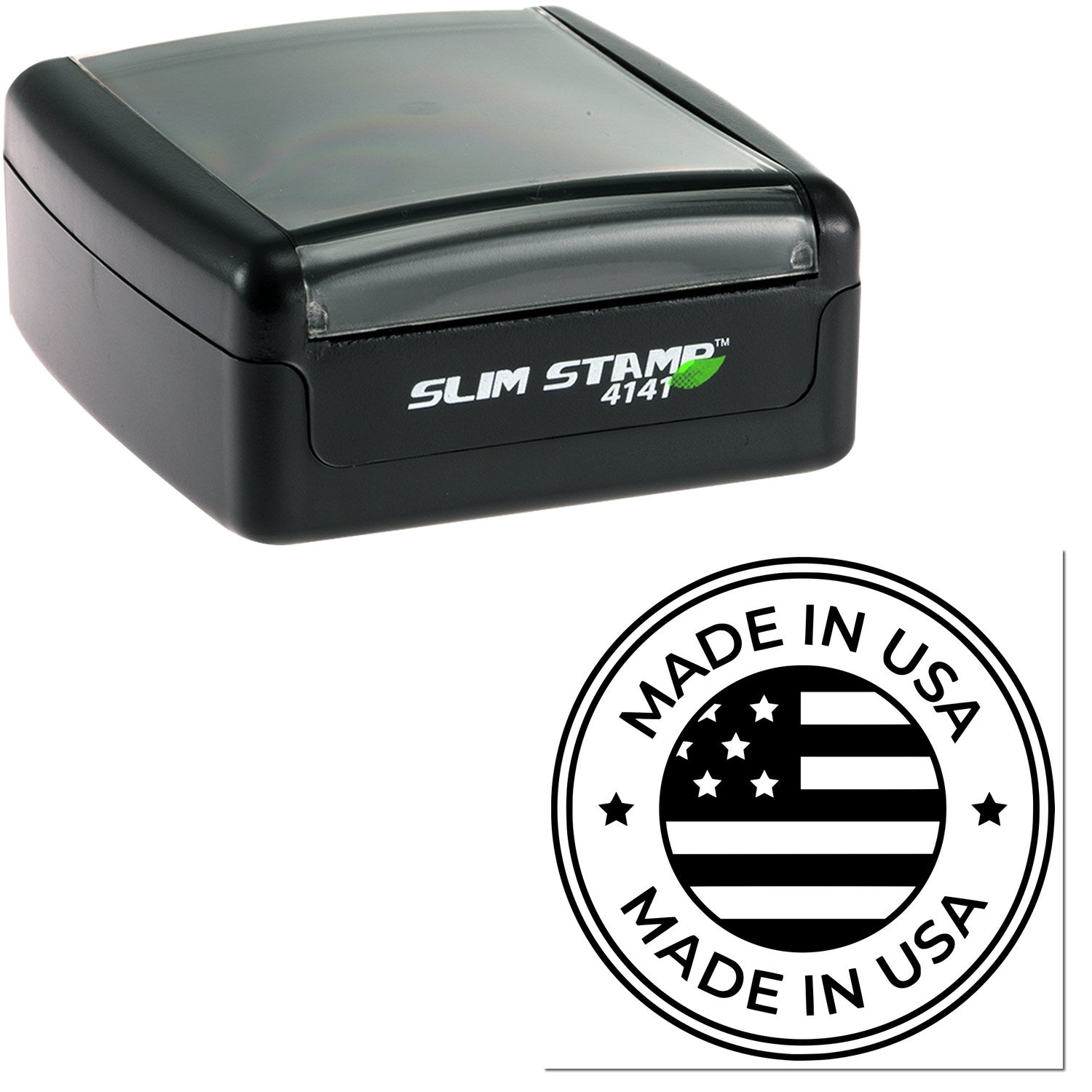 Slim Pre-Inked Patriotic Seal Stamp, black casing, features Made in USA with American flag design. Compact and efficient for stamping needs.