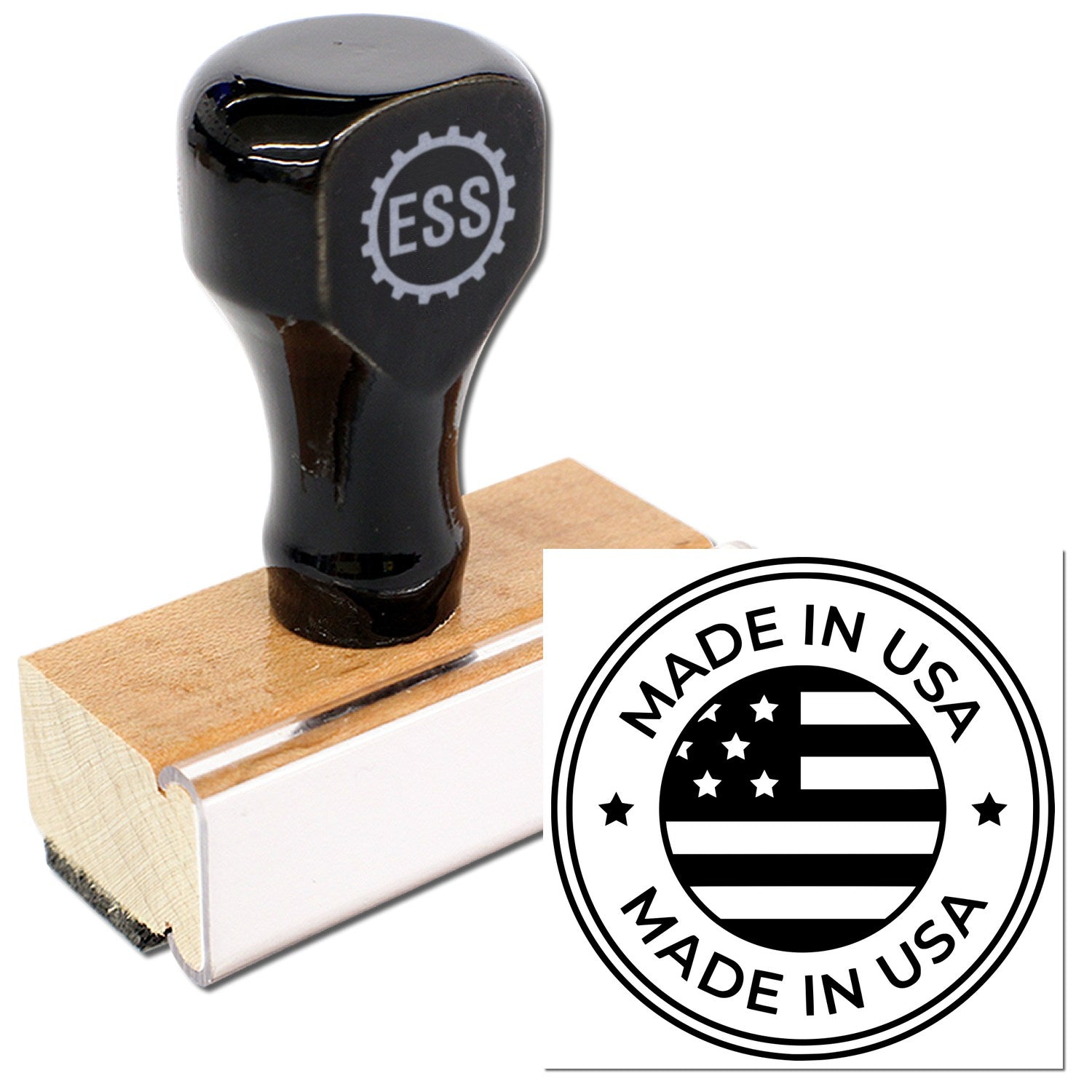 Wood Handle Patriotic Seal Rubber Stamp with Made in USA design. Features a sturdy wood handle and black rubber stamp for clear impressions. Perfect for crafting and official use.