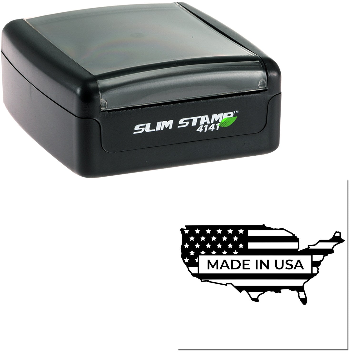 Slim Pre-Inked Patriotic USA Seal Stamp with black casing, featuring a map of the USA and 'Made in USA' text. Compact design for efficient stamping.