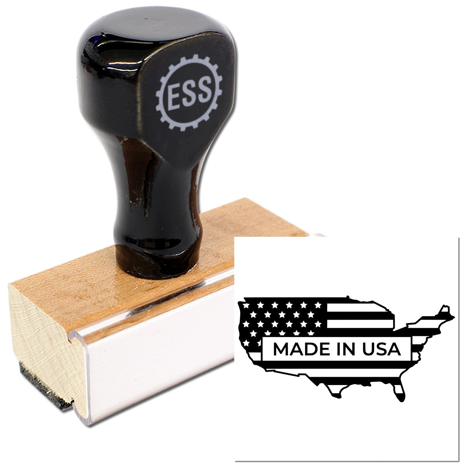 Wood Handle Patriotic USA Seal Rubber Stamp with black top and engraved ESS logo, featuring a Made in USA map design. Perfect for crafting and official documents.