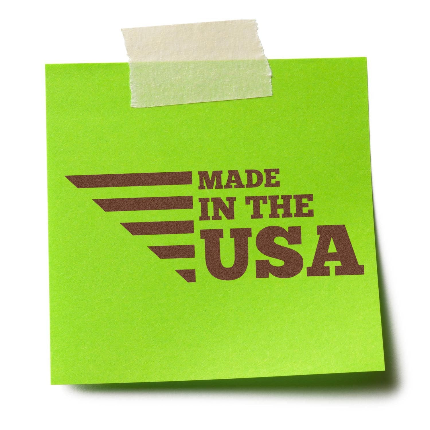 PSI Pre-Inked Patriotic and Proud Stamp on a green sticky note with Made in the USA text, showcasing its bold, clear imprint. Perfect for adding a patriotic touch to documents.