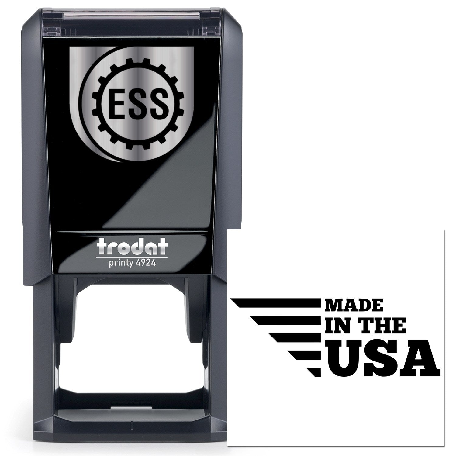 Self-Inking Patriotic and Proud Stamp featuring Made in the USA design, black casing, and durable construction. Perfect for adding a patriotic touch to documents.