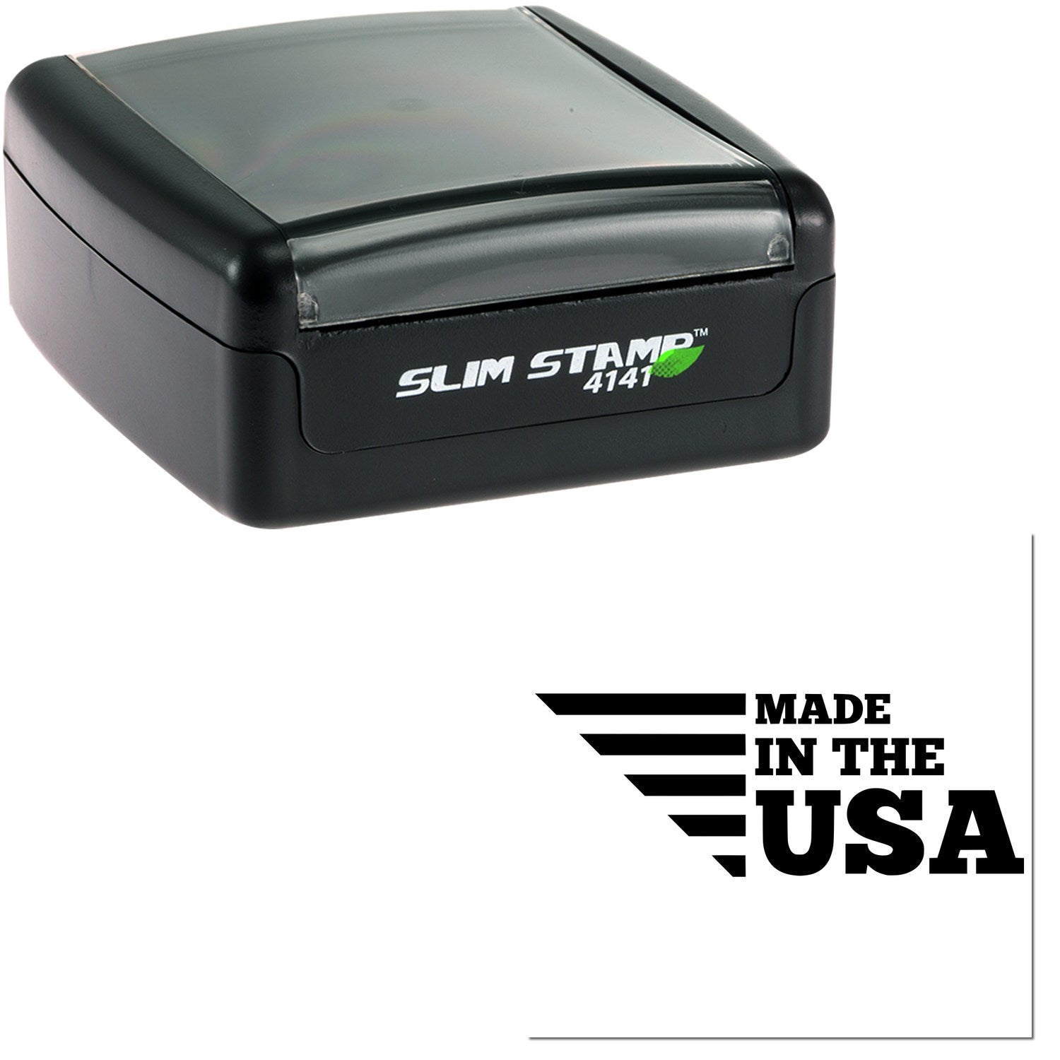 Slim Pre-Inked Patriotic and Proud Stamp, compact black design, with 'Made in the USA' imprint. Ideal for efficient, high-quality stamping.