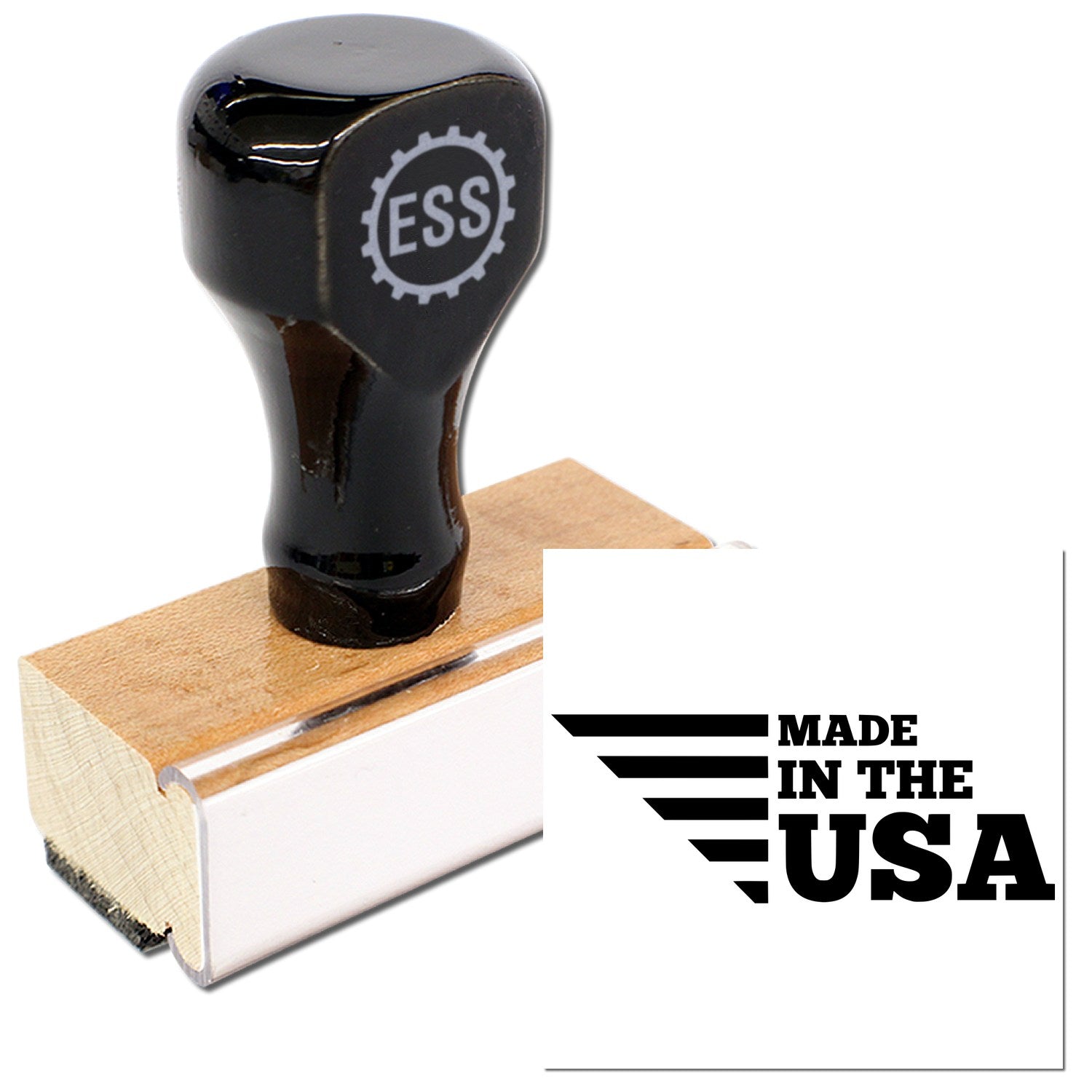 Wood Handle Patriotic and Proud Rubber Stamp with black top and ESS logo, featuring Made in the USA imprint. Perfect for crafting and office use.