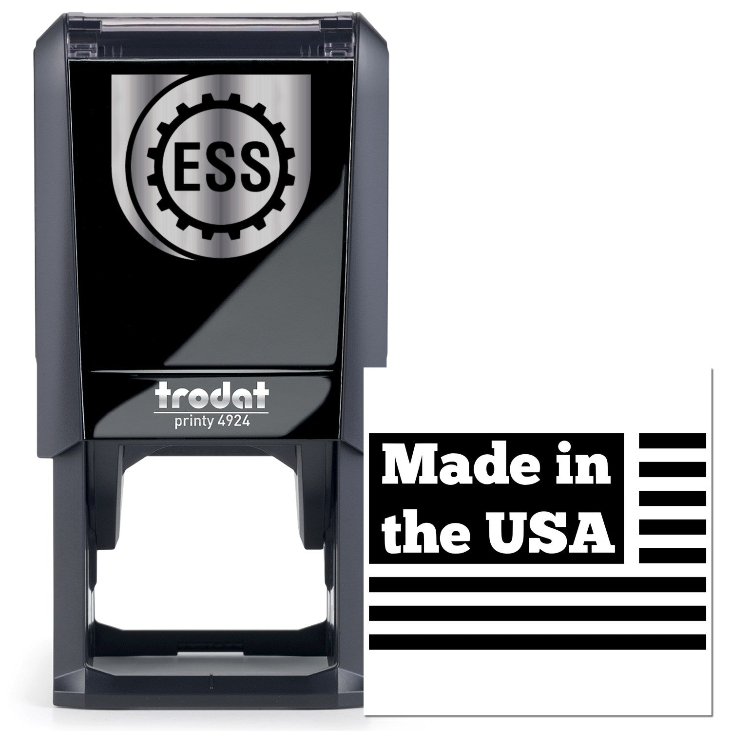 Self-Inking Patriotic Pride Made in the USA Stamp featuring a sleek black design with Made in the USA imprint. Perfect for adding a patriotic touch to documents.