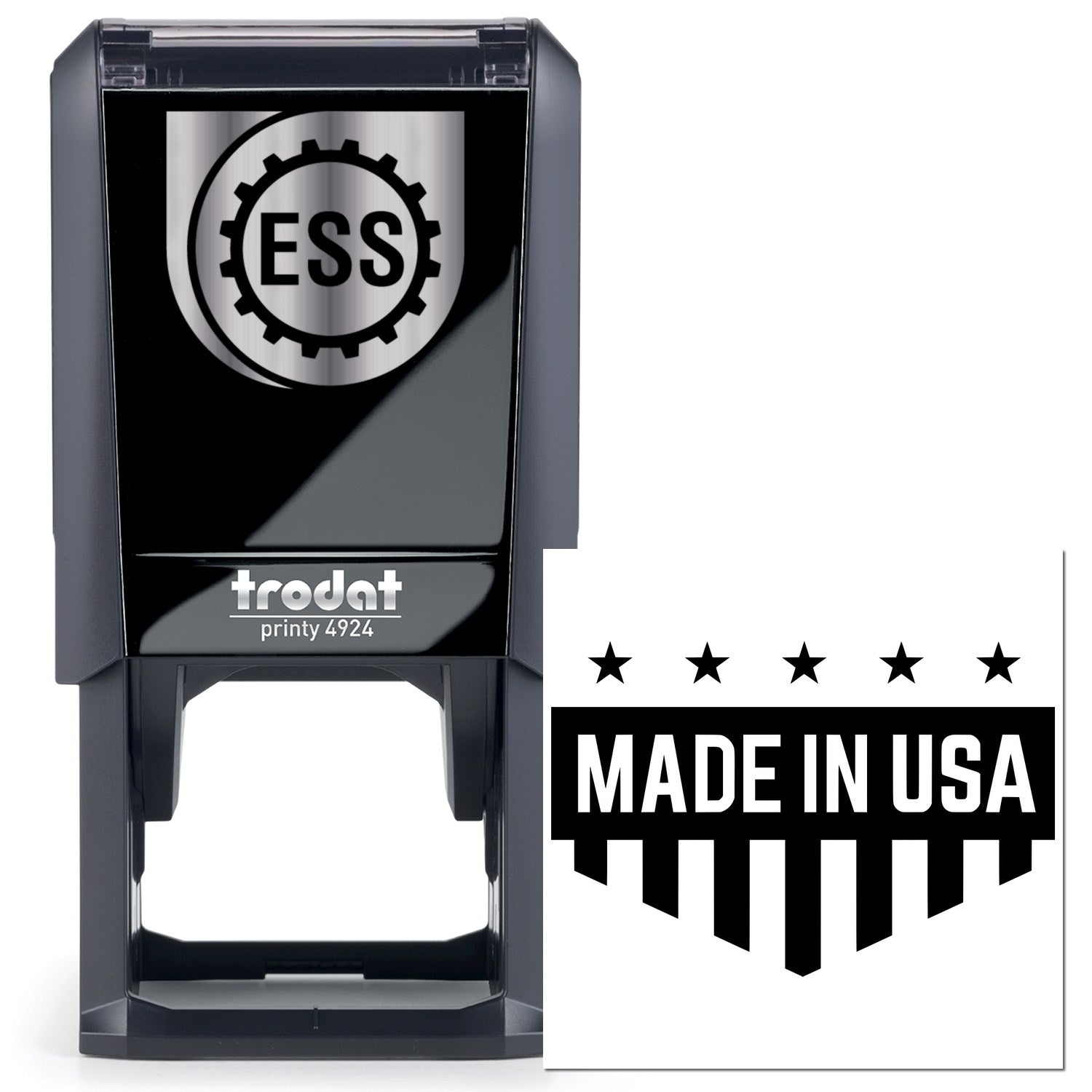 Self-Inking Patriotic Quality Seal Stamp featuring ESS logo and Made in USA design. Black casing with durable construction, ideal for professional use.