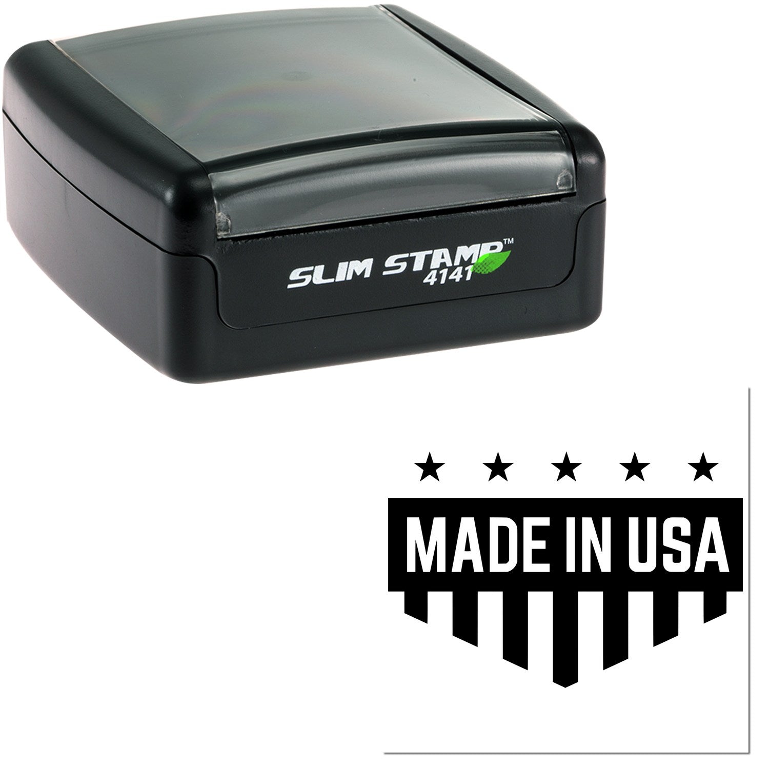 Slim Pre-Inked Patriotic Quality Seal Stamp in black, featuring Made in USA design with stars and stripes. Compact and efficient for high-quality stamping.