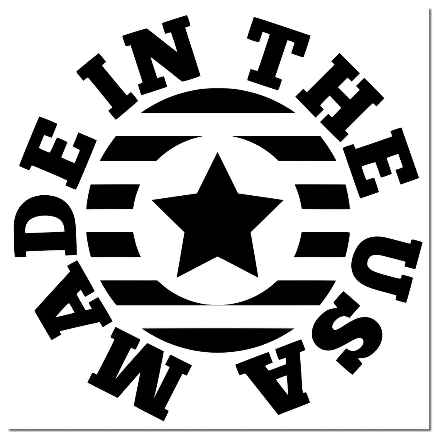 Slim Pre-Inked Made In The USA Star Emblem Stamp featuring a bold black star and stripes design, encircled by Made In The USA text. Perfect for patriotic branding and crafts.