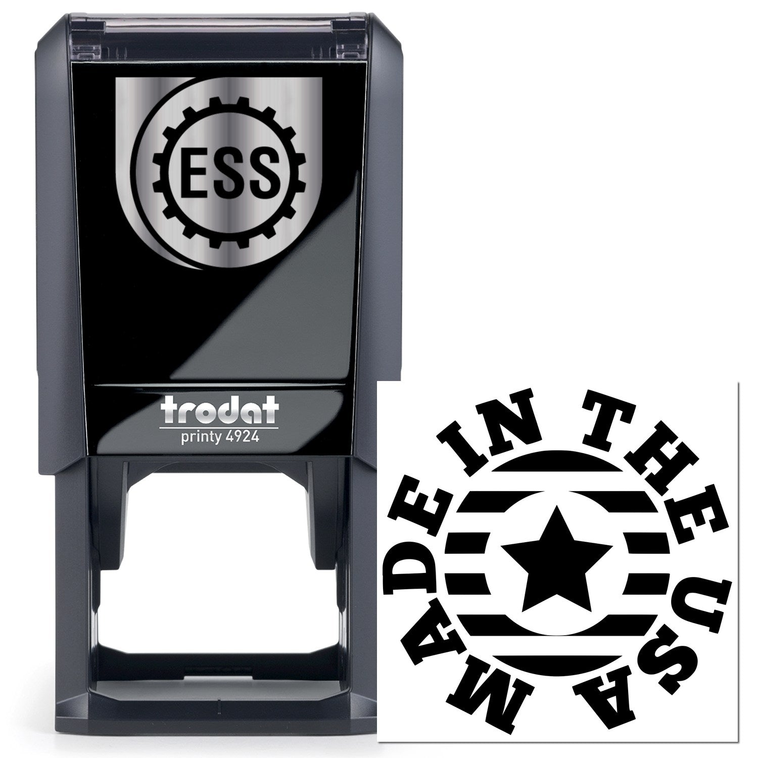 Self-Inking Made In The USA Star Emblem Stamp featuring a black casing with ESS logo and Made In The USA star design. Ideal for efficient stamping.