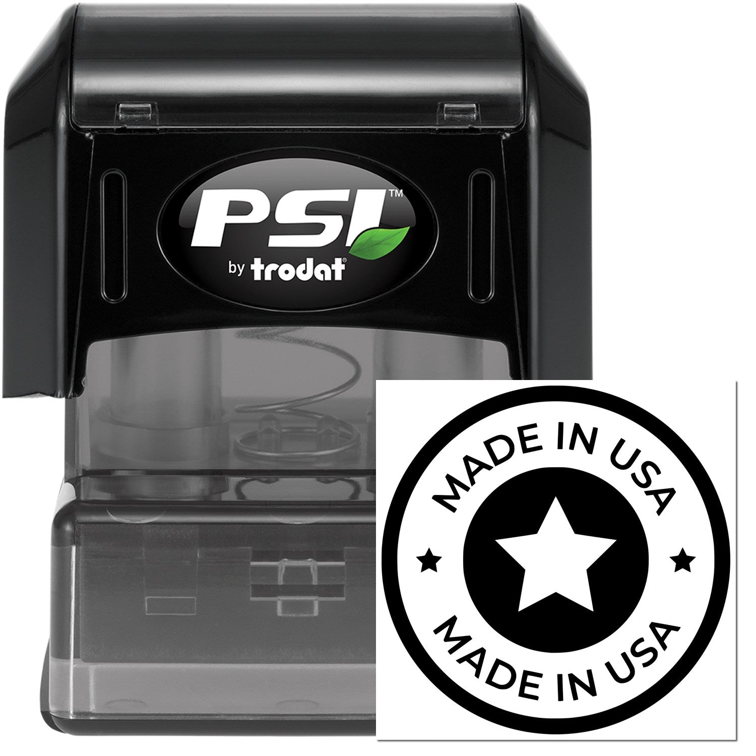 PSI Pre-Inked Our Country Craftsmanship Seal Stamp, black casing, features Made in USA with a star design. Ideal for professional use, ensuring clear, crisp impressions.