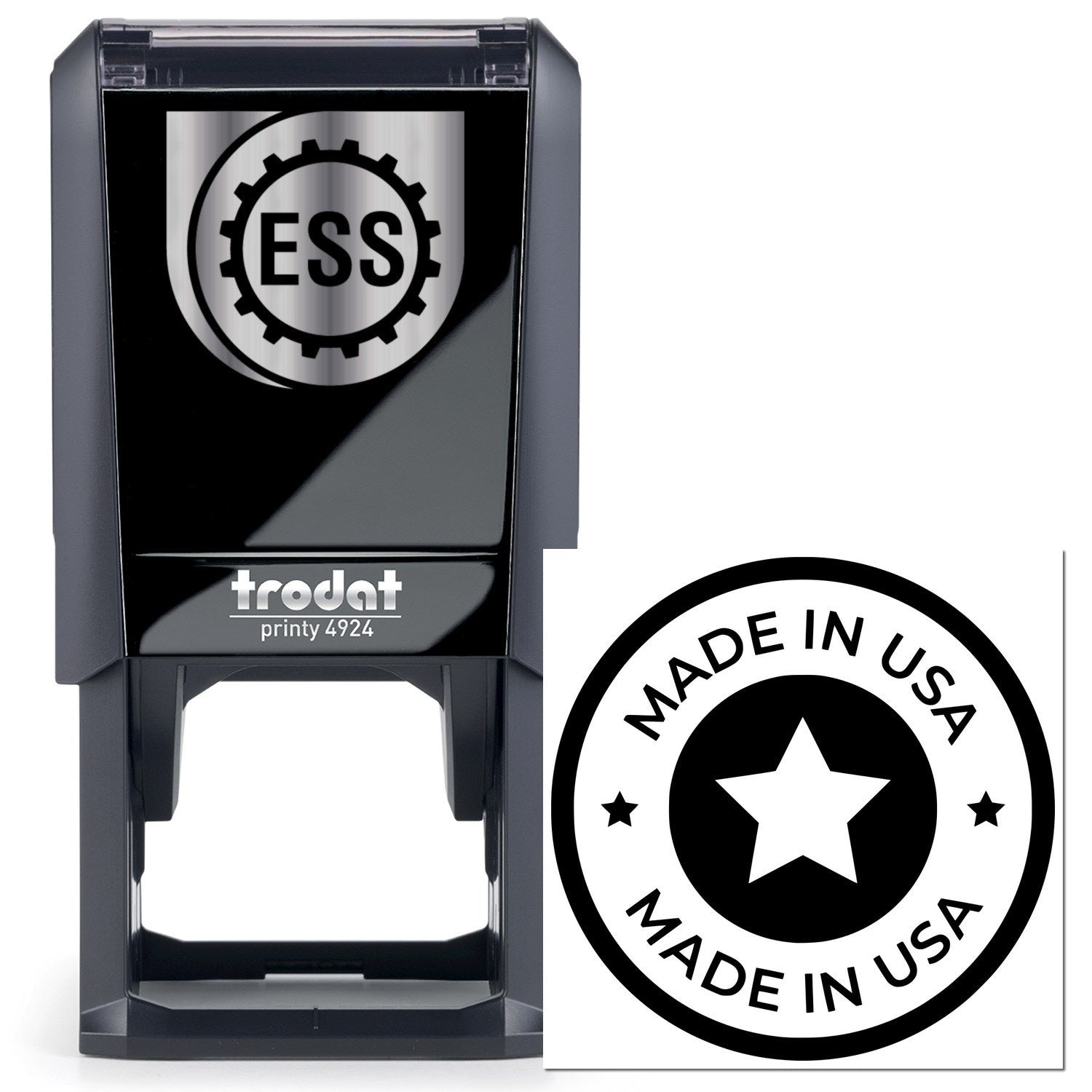 Self-Inking Our Country Craftsmanship Seal Stamp, black, with Made in USA star design. Durable, easy-to-use stamp for professional and personal use.