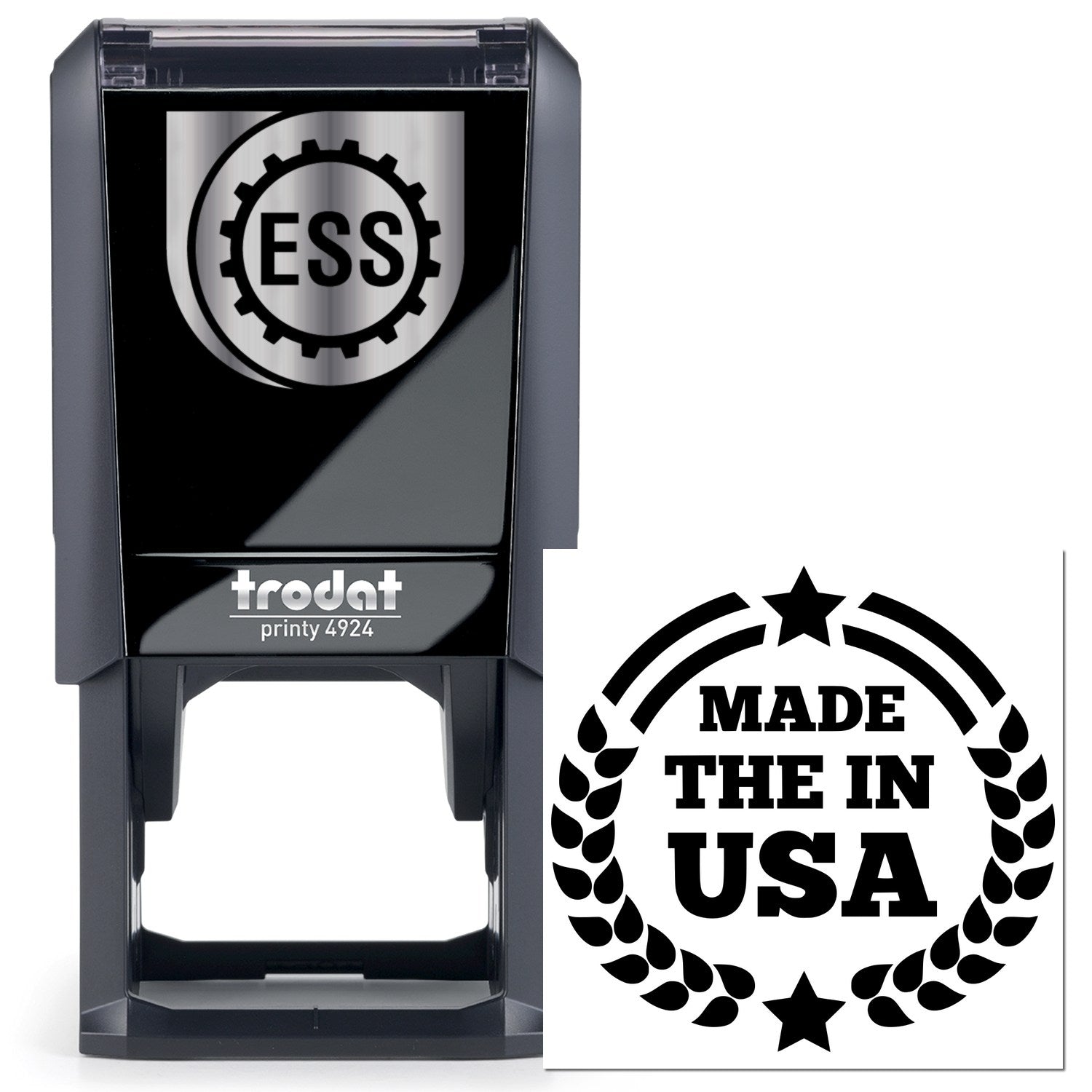 Self-Inking Made In The USA Proudly Stamp, featuring a sleek black design with ESS logo and Made in the USA text, ideal for efficient stamping.