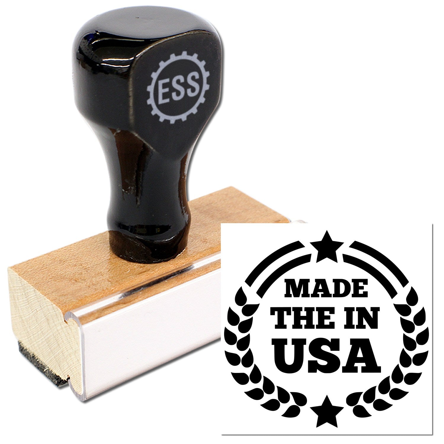 Wood Handle Made In The USA Proudly Rubber Stamp with black top and wooden base, featuring Made in the USA design. Perfect for crafting and business use.