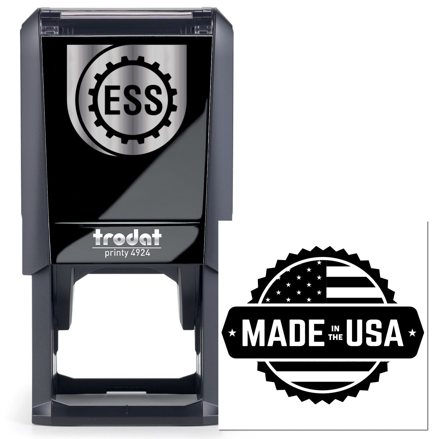 Self-Inking American Craftsmanship Seal Stamp with Made in the USA design, featuring a durable black casing and clear imprint. Perfect for professional use.