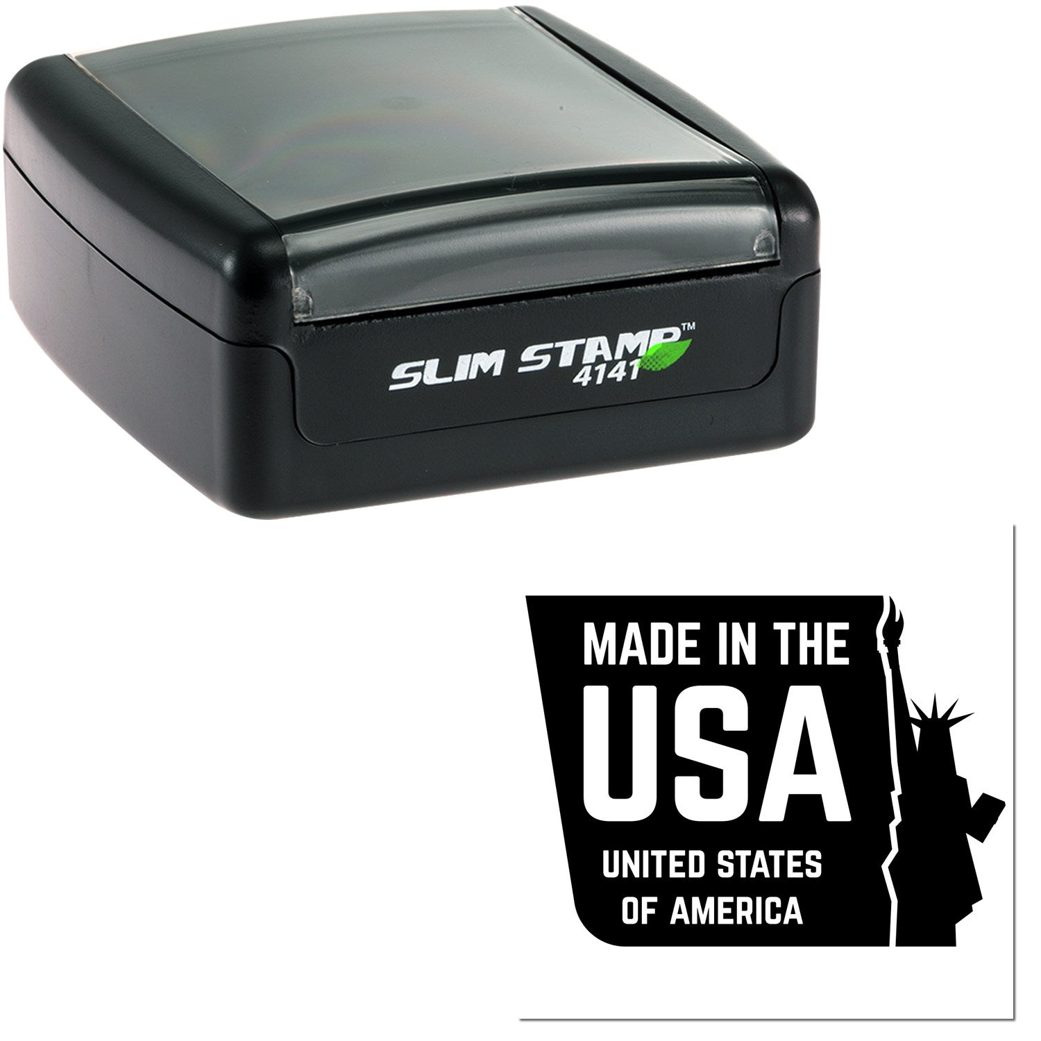 Slim Pre-Inked Liberty Made USA Stamp in black, compact design with Slim Stamp 4141 branding, featuring Made in the USA label. Ideal for efficient, high-quality stamping.