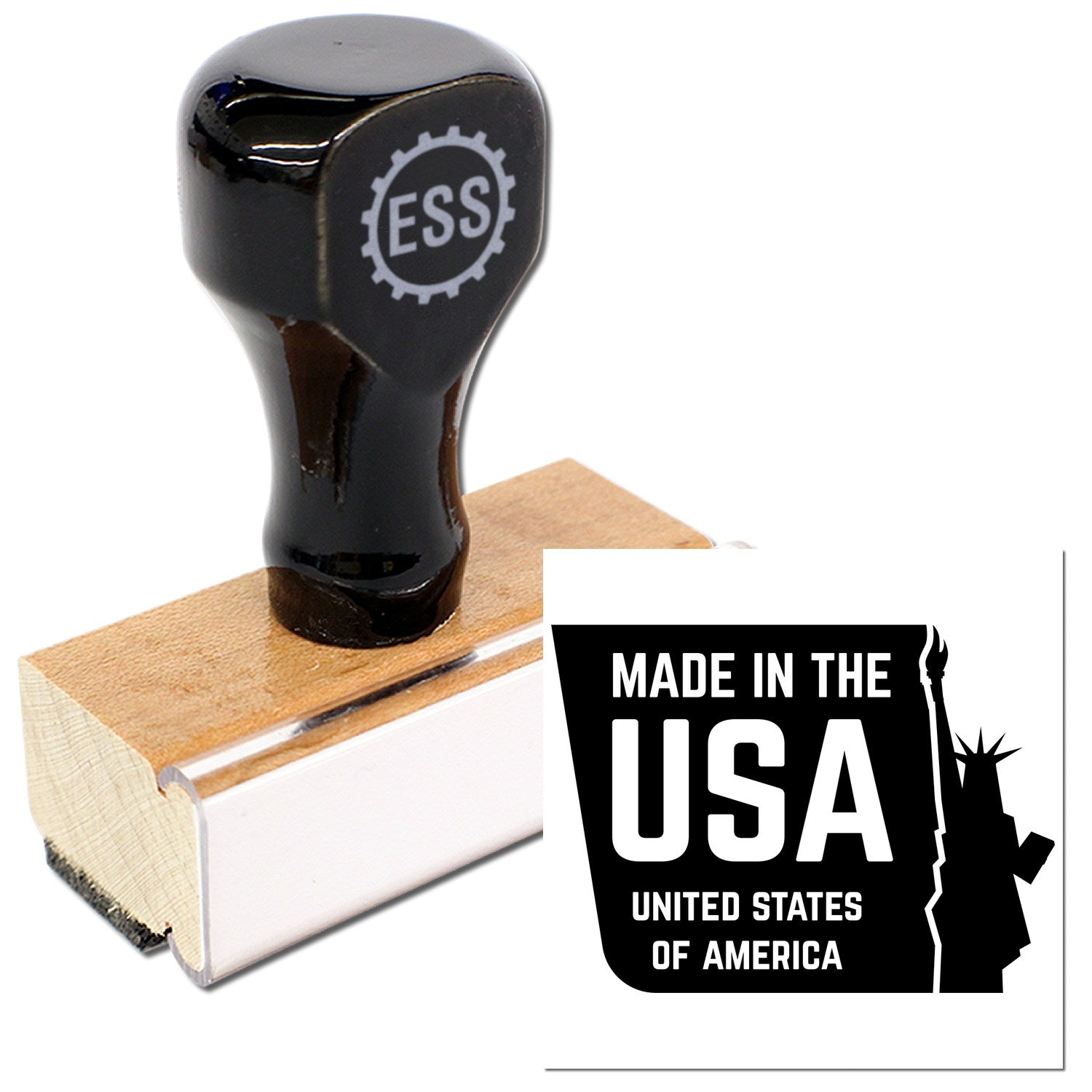 Wood Handle Liberty Made USA Rubber Stamp with black top and engraved ESS logo, featuring a sturdy wooden base. Perfect for crafting and office use. Made in the USA.