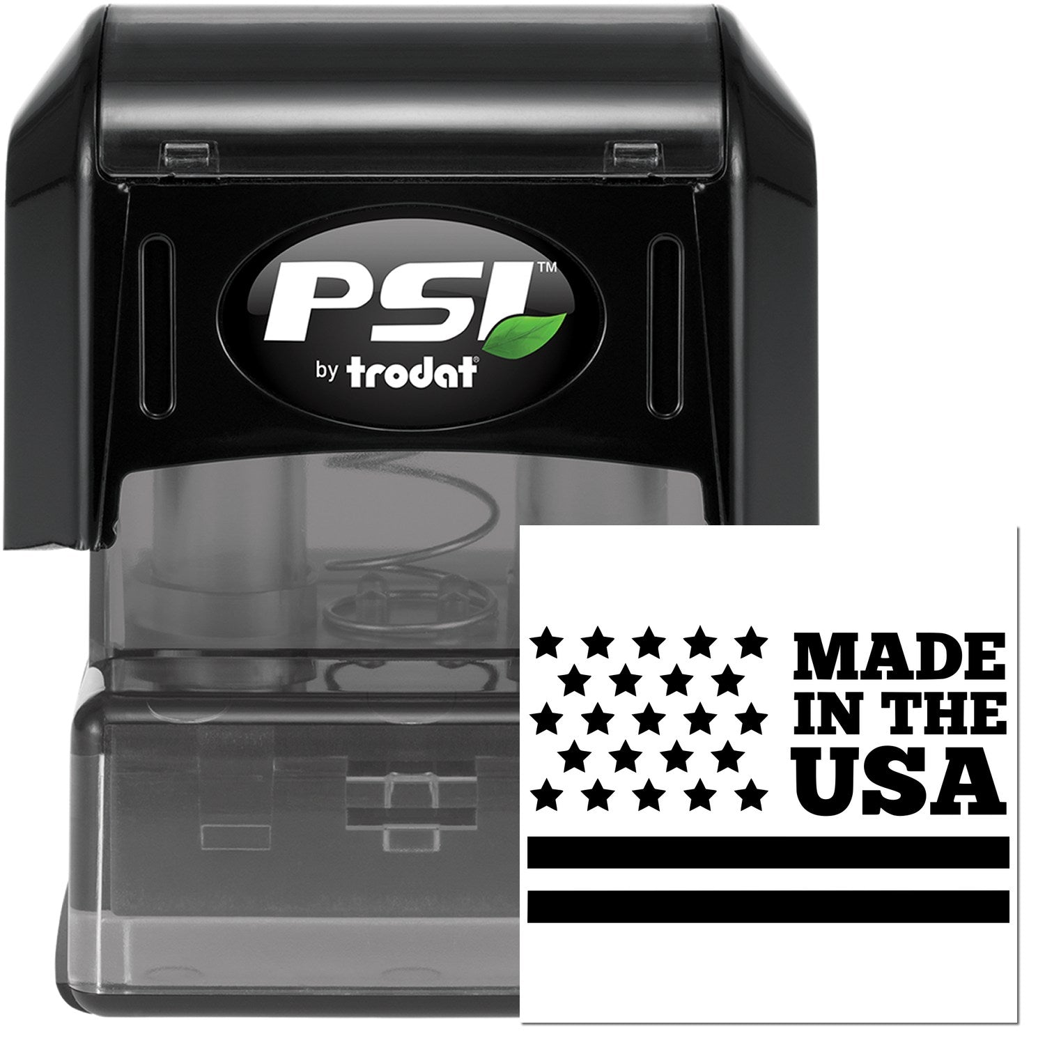 PSI Pre-Inked Patriot Pride Stamp featuring a 'Made in the USA' design with stars and stripes. Compact, black casing with clear base for precise stamping.