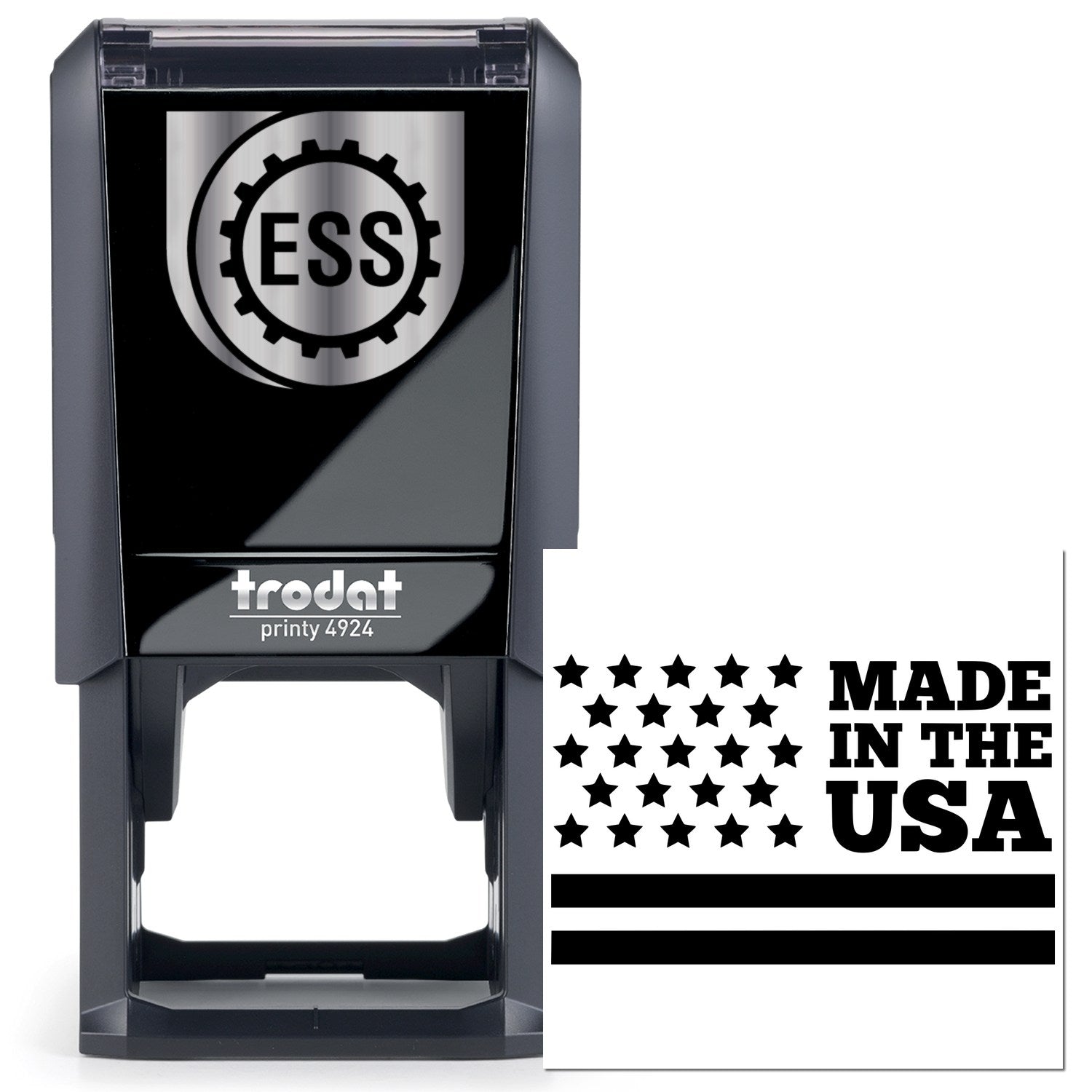 Self-Inking Patriot Pride Stamp featuring Made in the USA design with stars and stripes. Compact, black Trodat Printy 4924 model for efficient stamping.