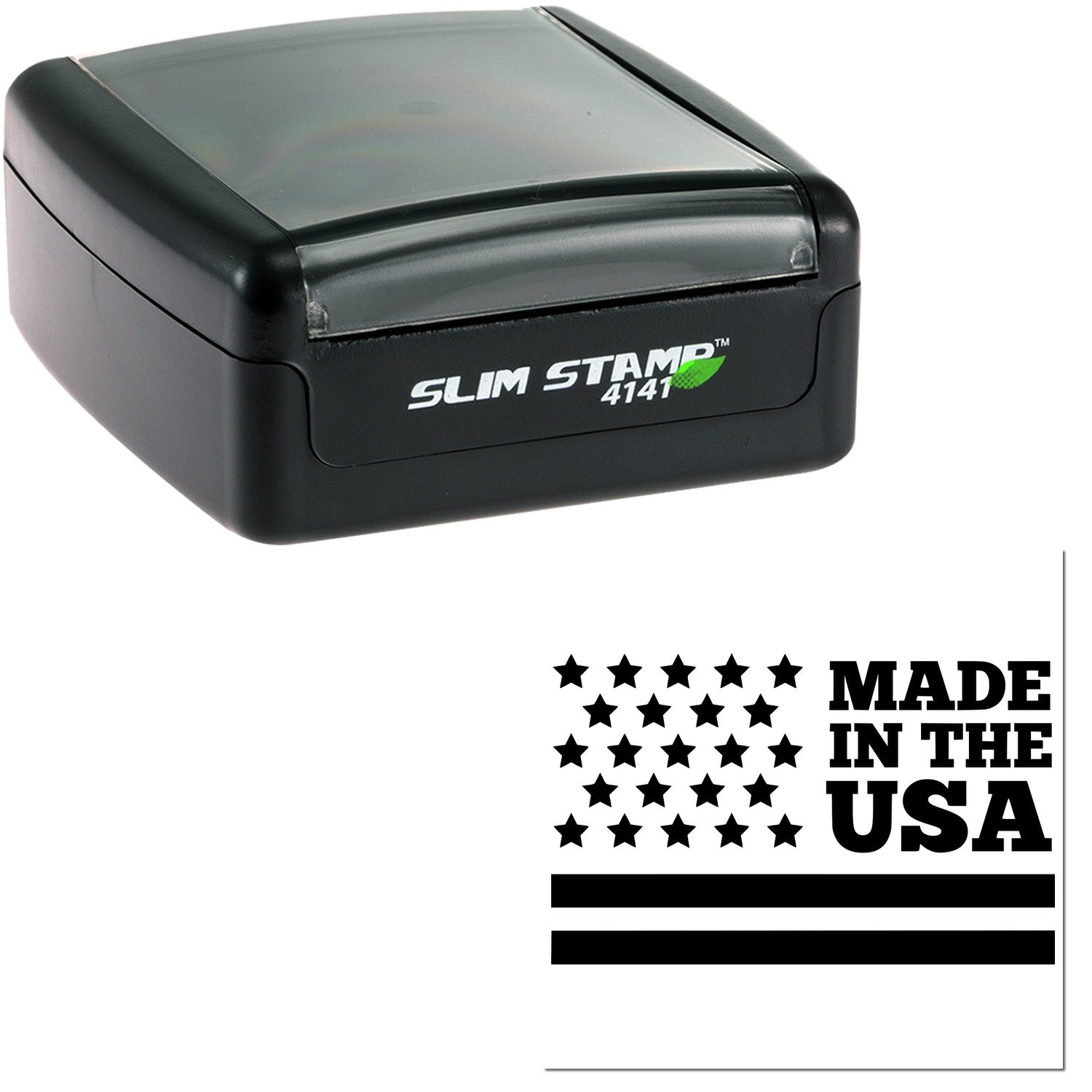 Image of the Slim Pre-Inked Patriot Pride Stamp, featuring a compact black design with Slim Stamp 4141 branding. Includes a Made in the USA imprint with stars and stripes.