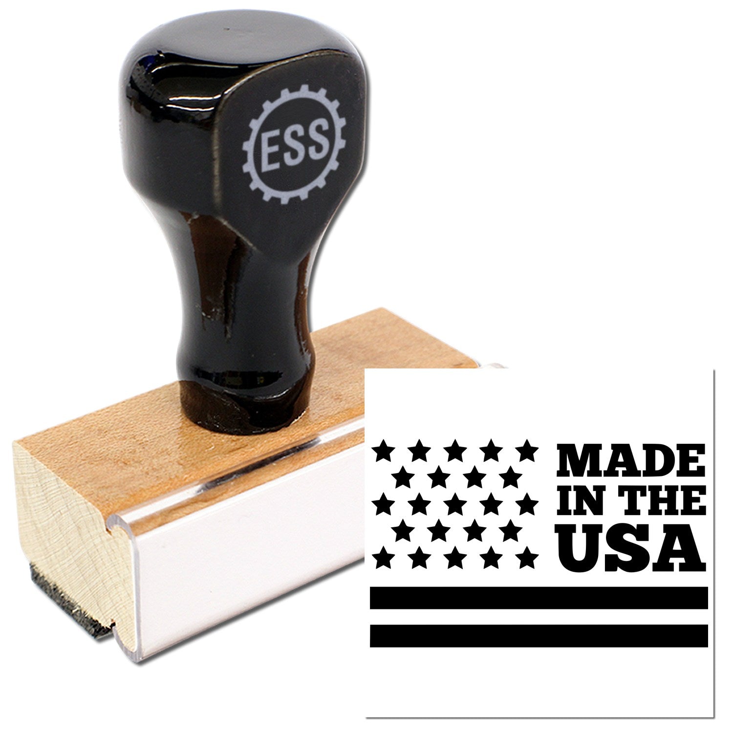 Wood Handle Patriot Pride Stamp Rubber Stamp with black top and wooden base, featuring Made in the USA design. Perfect for crafting and branding.