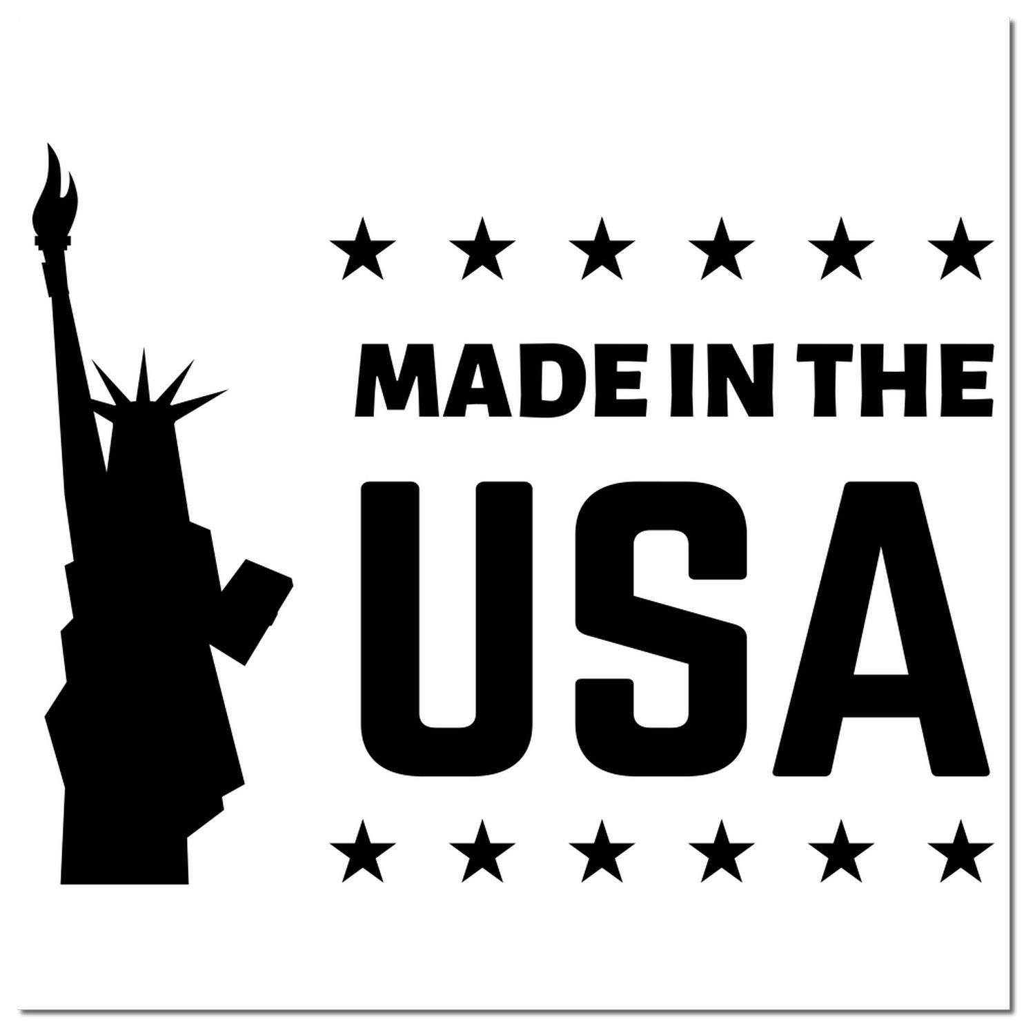 Self-Inking Liberty Made In The USA Stamp featuring a silhouette of the Statue of Liberty and stars, emphasizing American craftsmanship. Ideal for patriotic branding and office use.