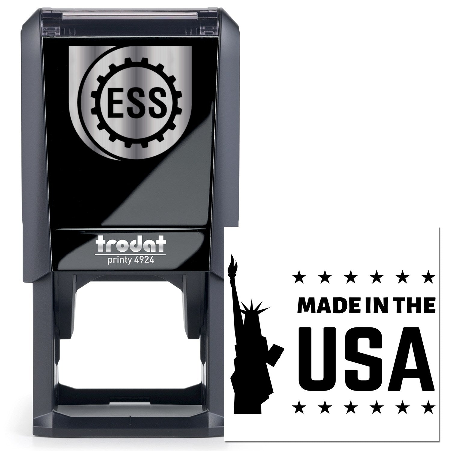 Self-Inking Liberty Made In The USA Stamp, featuring a sleek black design with ESS logo and Made in the USA text, ideal for efficient stamping.