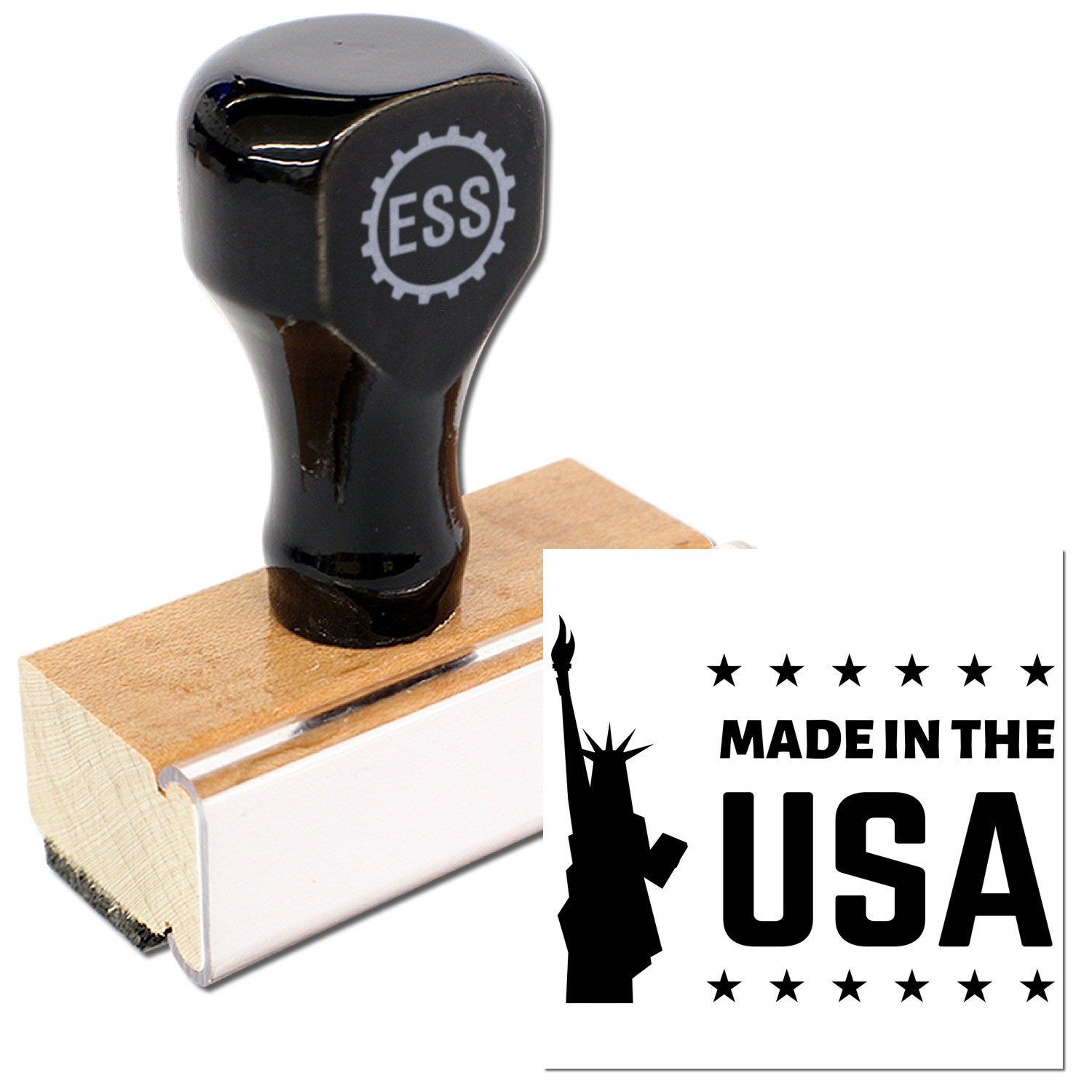 Wood Handle Liberty Made In The USA Rubber Stamp with black top and wooden base, featuring 'ESS' logo, highlighting American craftsmanship.