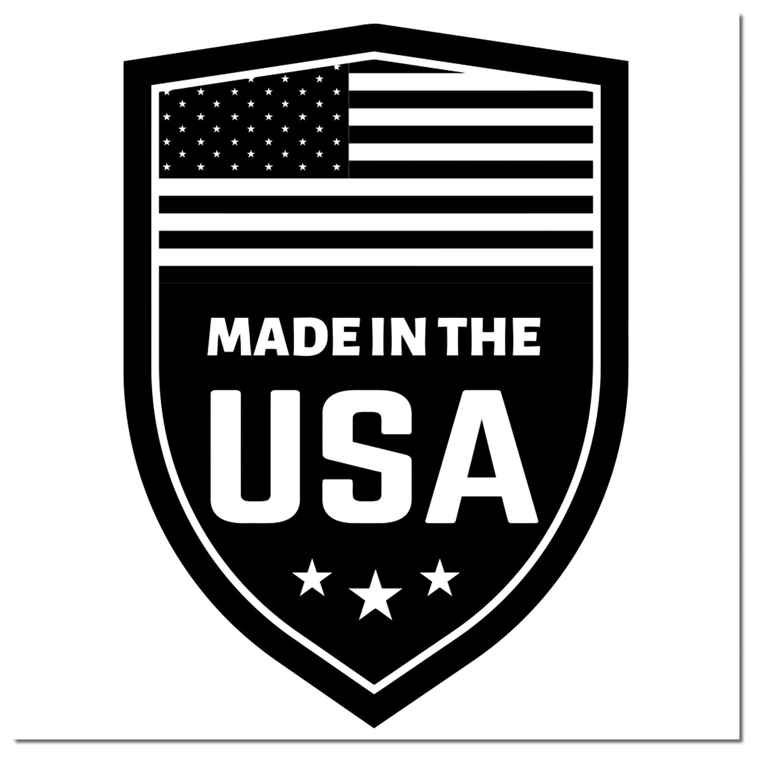 Wood Handle Proudly Made In The USA Rubber Stamp featuring a black and white shield design with stars and stripes, and 'Made in the USA' text.