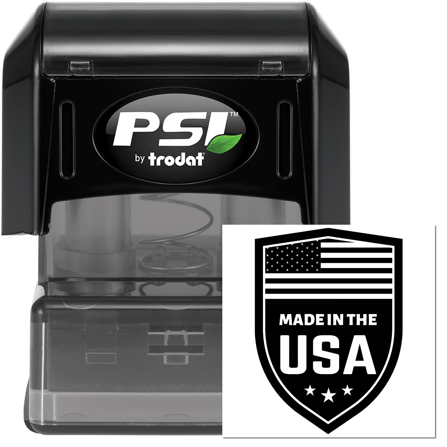 PSI Pre-Inked Proudly Made In The USA Stamp, featuring a black casing with a transparent base and a 'Made in the USA' emblem with stars and stripes.