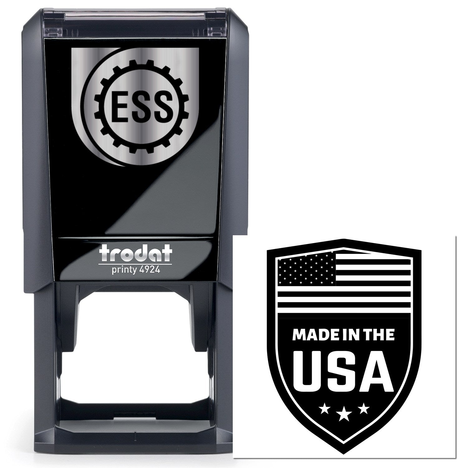 Self-Inking Proudly Made In The USA Stamp, black, with ESS logo on top. Features a sleek design and Made in the USA emblem, perfect for efficient stamping needs.