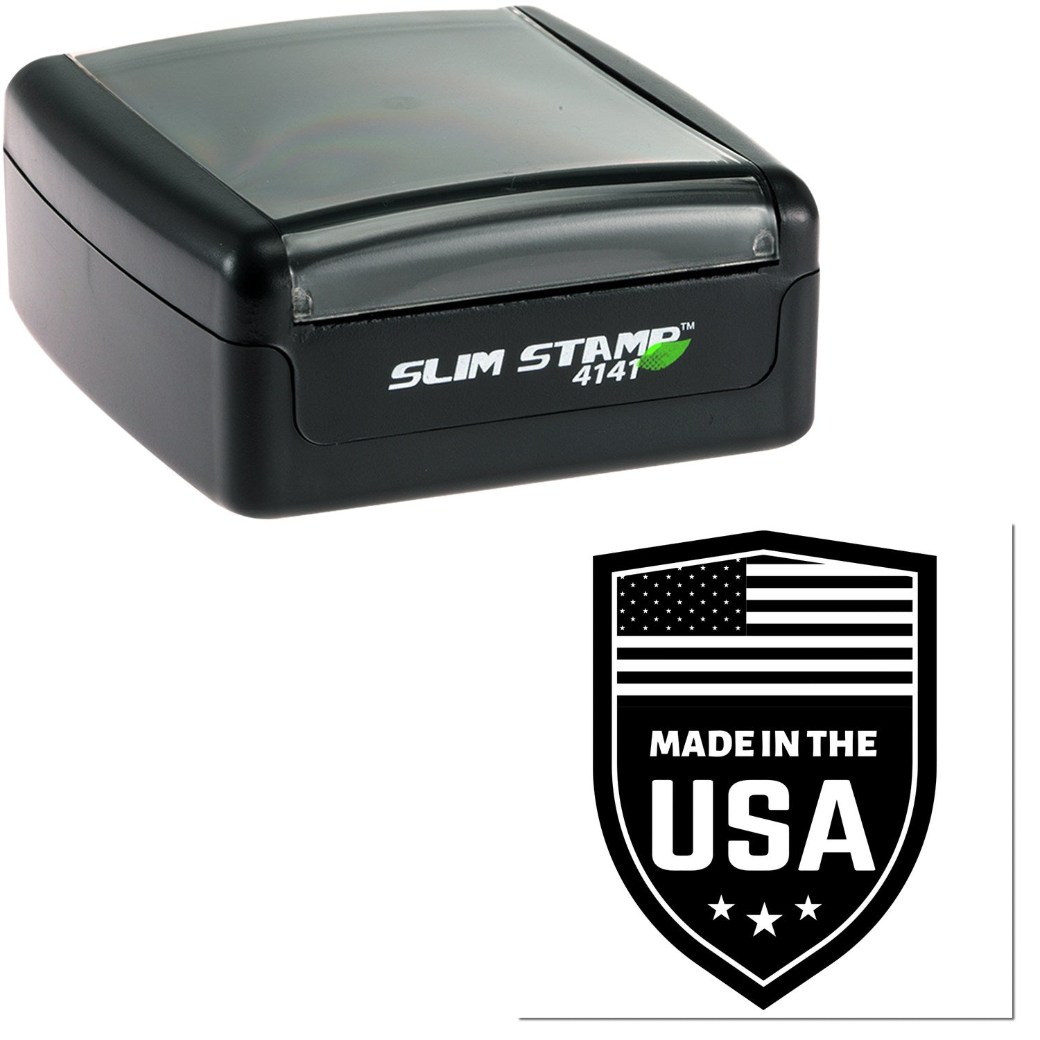 Slim Pre-Inked Proudly Made In The USA Stamp, compact black design with 'Slim Stamp 4141' branding, featuring a 'Made in the USA' emblem with stars and stripes.