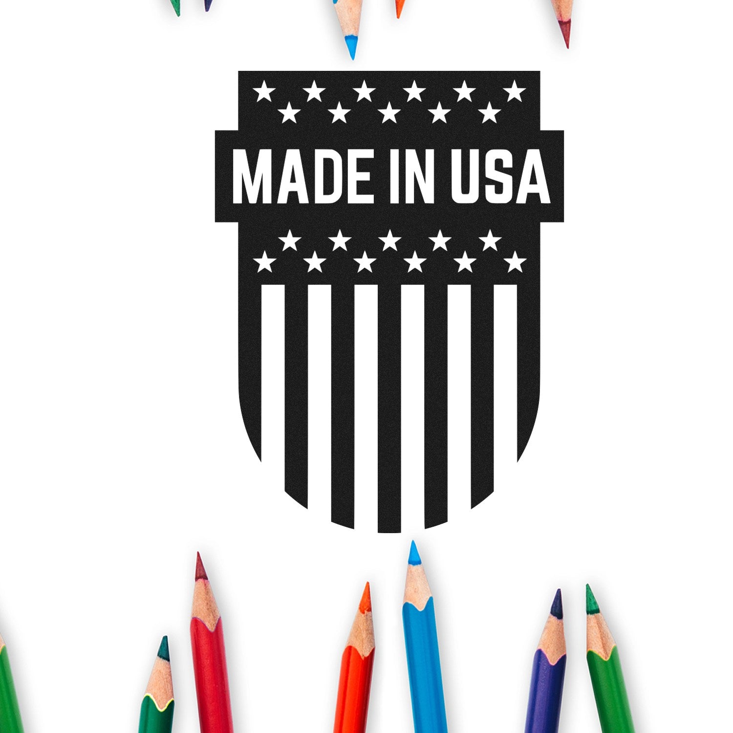 Self-Inking Patriotic Emblem Stamp featuring Made in USA text with stars and stripes design, surrounded by colorful pencils. Perfect for adding a patriotic touch to crafts and documents.