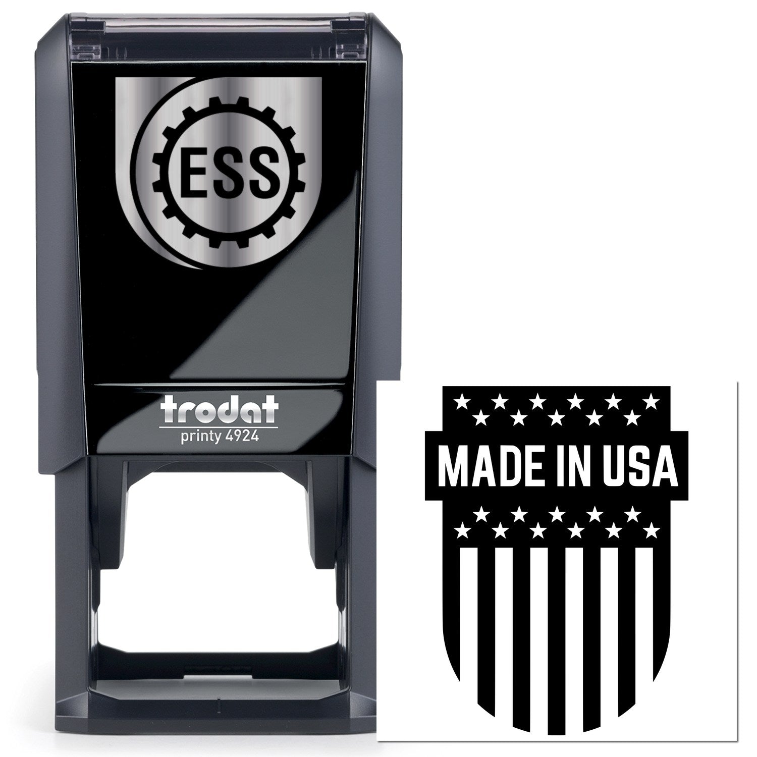 Self-Inking Patriotic Emblem Stamp featuring a Made in USA design with stars and stripes. Ideal for adding a patriotic touch to documents. Compact and efficient for frequent use.