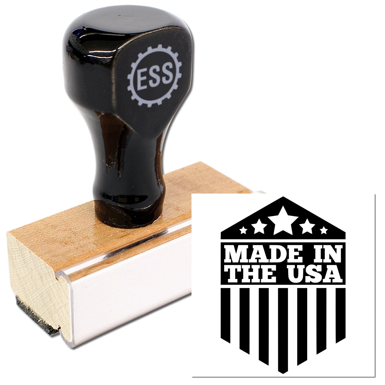 Wood Handle Patriotic Pride Seal Rubber Stamp with black top and ESS logo, featuring a Made in the USA design. Perfect for adding a patriotic touch to documents and crafts.