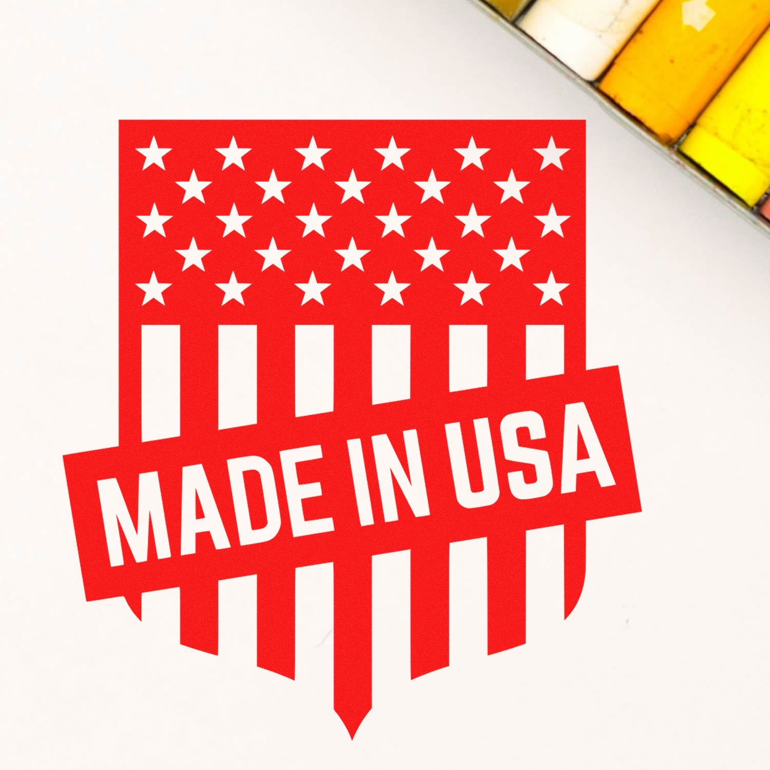 Wood Handle Patriotic Seal Of Quality Rubber Stamp with Made in USA design, featuring red stars and stripes. Perfect for adding a patriotic touch to crafts and documents.