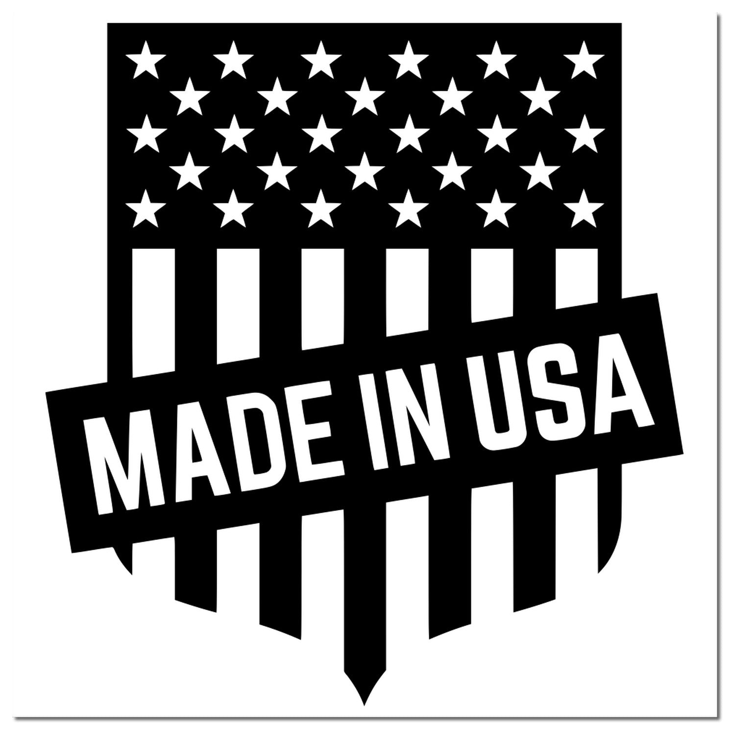 PSI Pre-Inked Patriotic Seal Of Quality Stamp featuring a bold Made in USA text over a black and white American flag design with stars and stripes. Ideal for marking products with quality assurance.