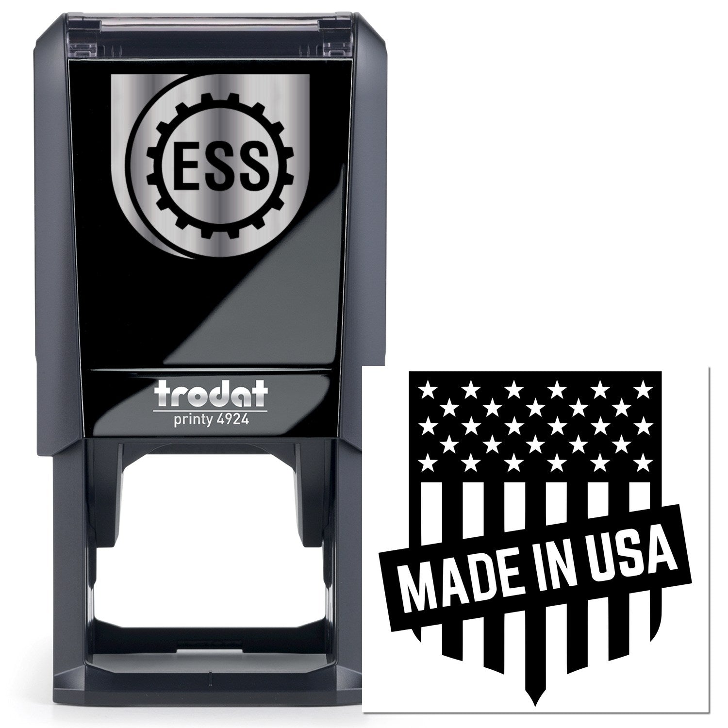 Self-Inking Patriotic Seal Of Quality Stamp featuring a black design with ESS logo and Made in USA emblem, ideal for adding a professional touch to documents.